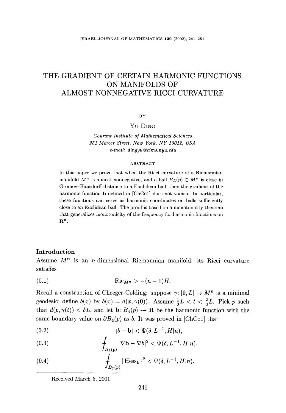 The gradient of certain harmonic functions on manifolds of almost nonnegative Ricci curvature by Unknown