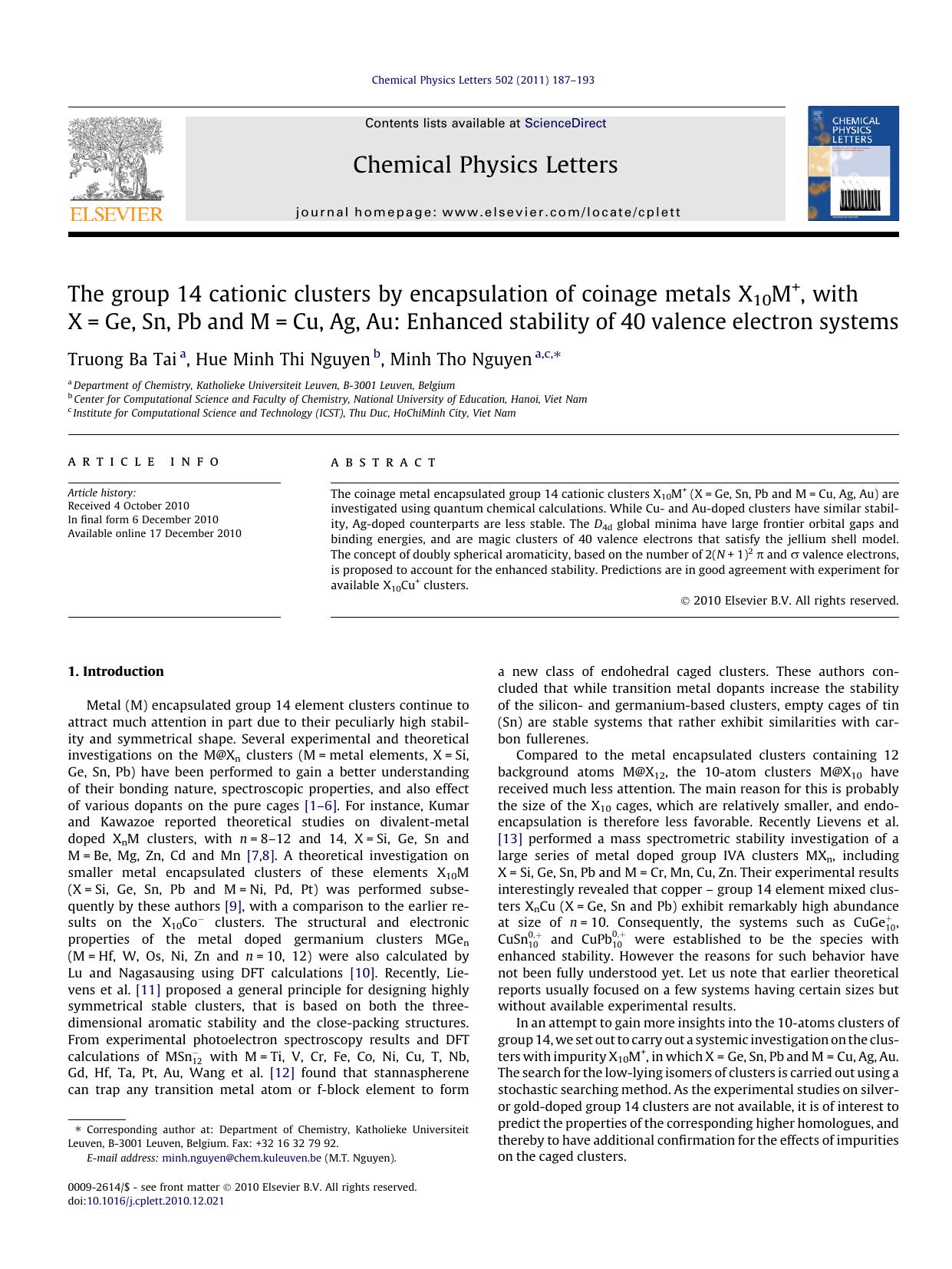 The group 14 cationic clusters by encapsulation of coinage metals X10M+, with X=Ge, Sn, Pb and M=Cu, Ag, Au: Enhanced stability of 40 valence electron systems by Truong Ba Tai & Hue Minh Thi Nguyen & Minh Tho Nguyen