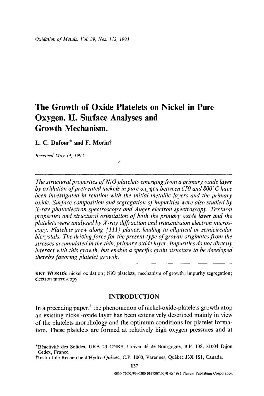 The growth of oxide platelets on nickel in pure oxygen. II. Surface analyses and growth mechanism by Unknown