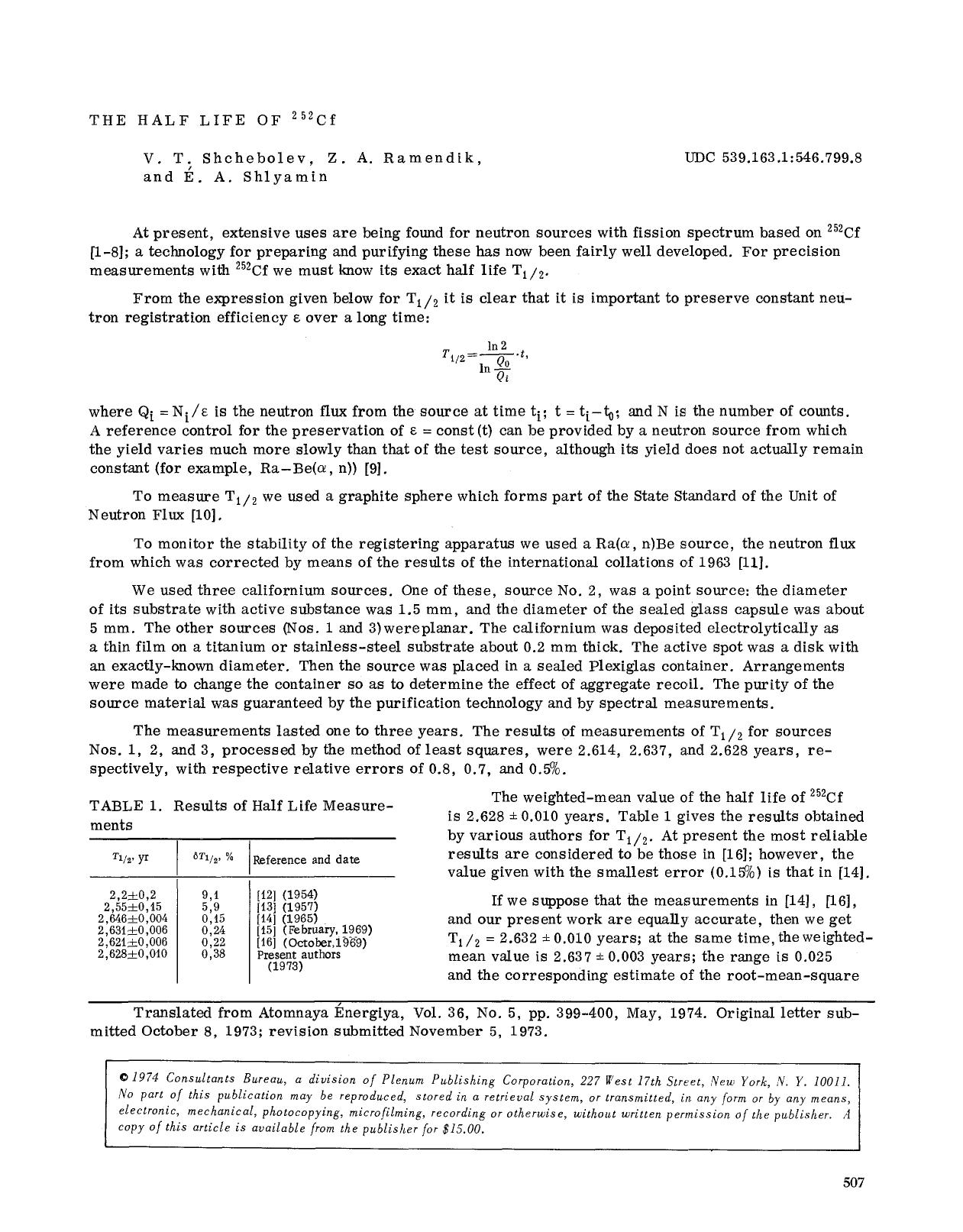 The half life of <Superscript>252 <Superscript>Cf by Unknown