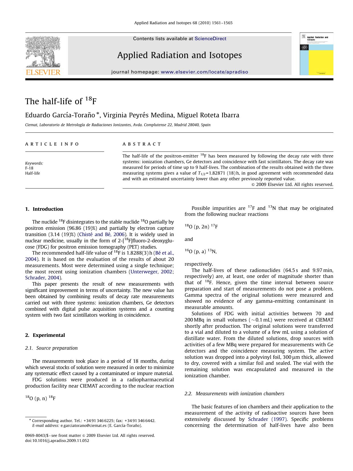 The half-life of 18F by Eduardo García-Toraño; Virginia Peyrés Medina; Miguel Roteta Ibarra