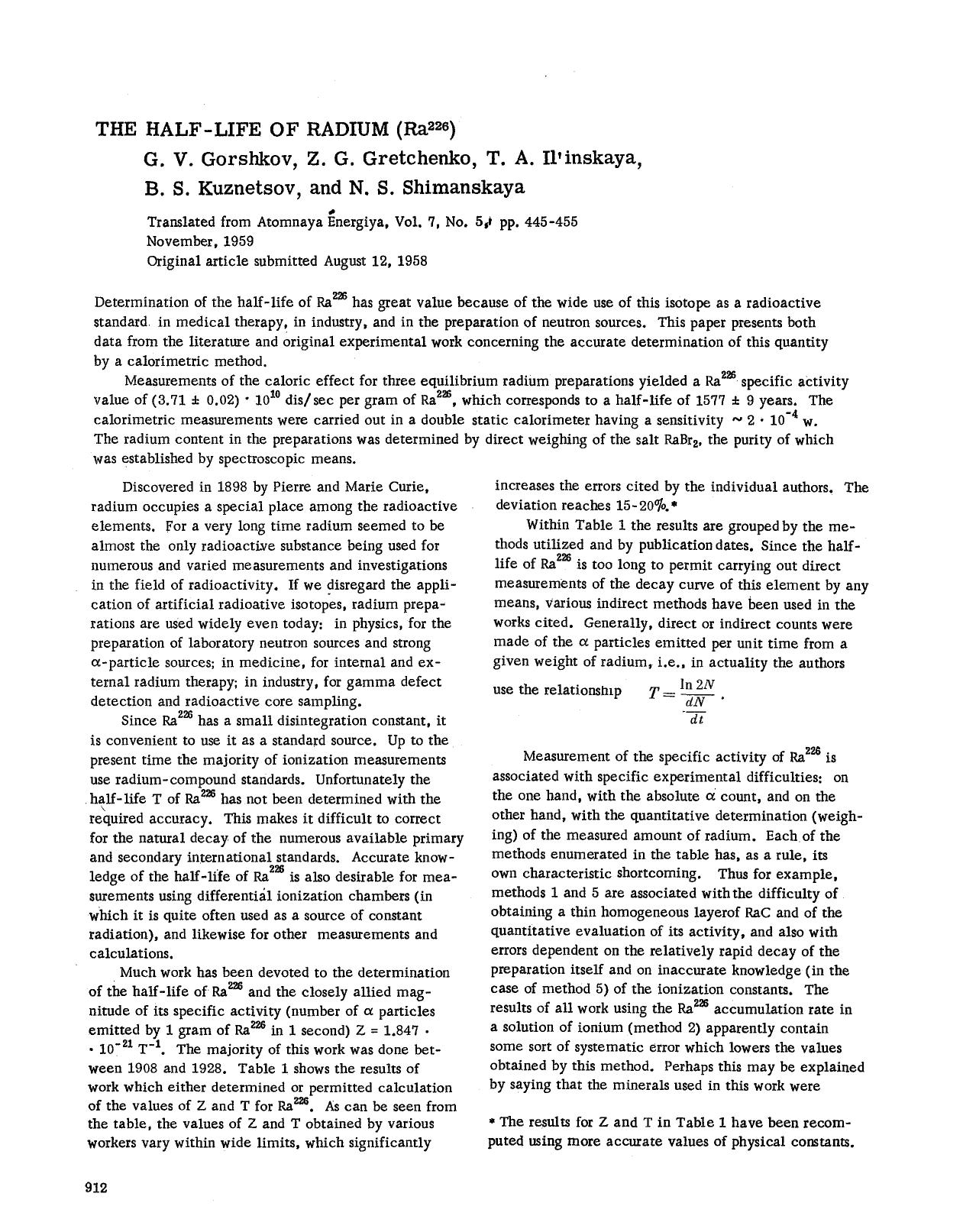 The half-life of radium (Ra <Superscript>226 <Superscript>) by Unknown