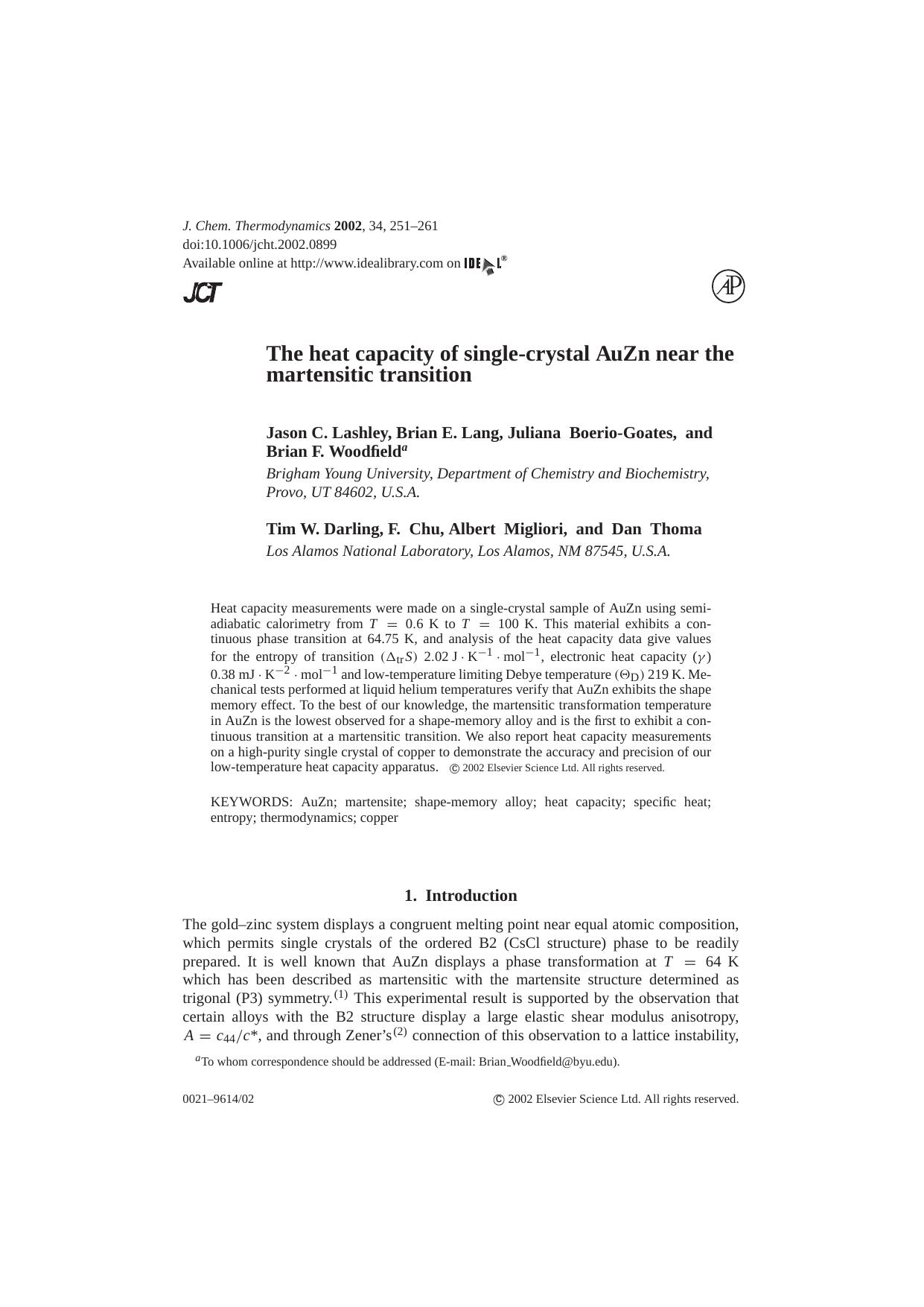 The heat capacity of single crystal AuZn near the martensitic transition by J. C. Lashley et al
