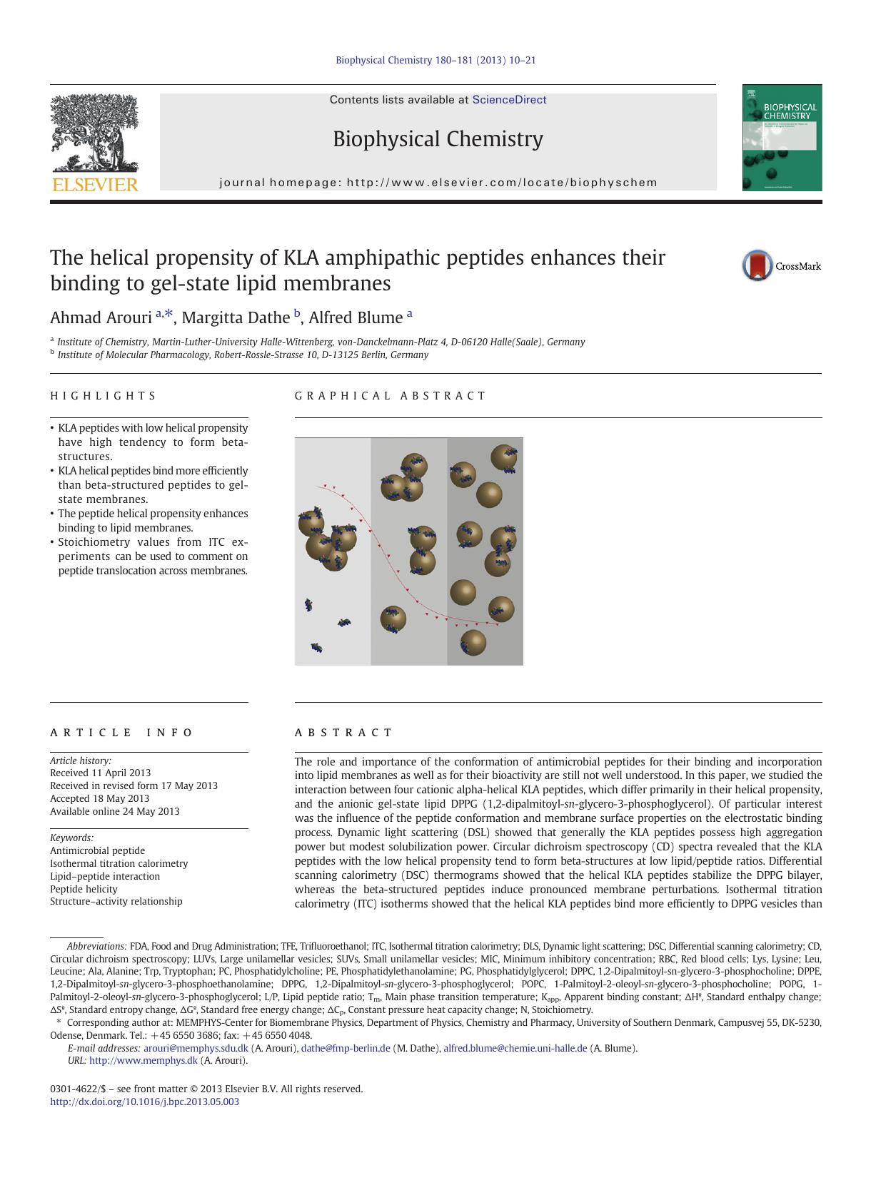 The helical propensity of KLA amphipathic peptides enhances their binding to gel-state lipid membranes by Ahmad Arouri & Margitta Dathe & Alfred Blume