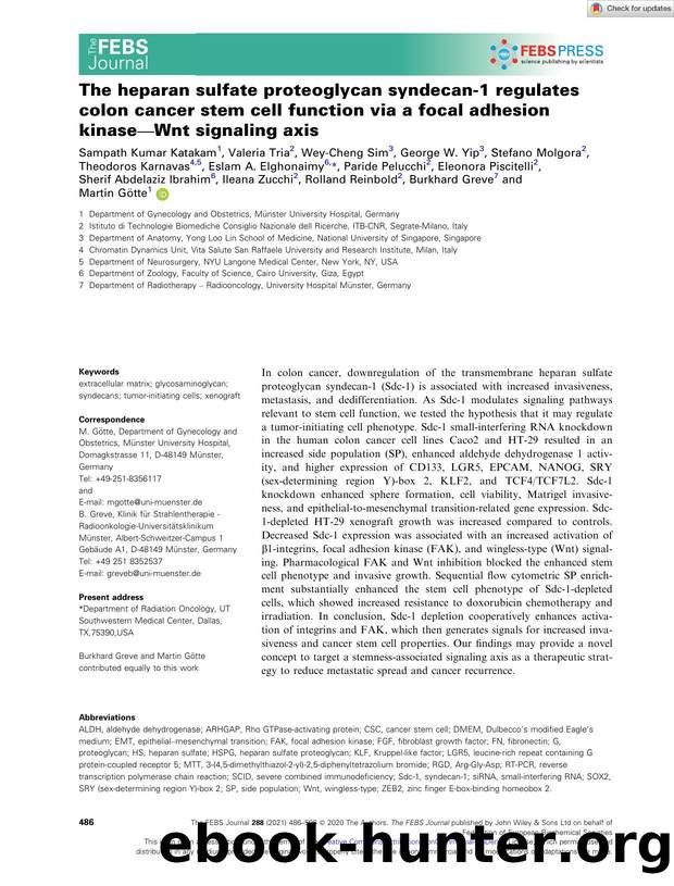 The heparan sulfate proteoglycan syndecanâ1 regulates colon cancer stem cell function via a focal adhesion kinaseâWnt signaling axis by Unknown