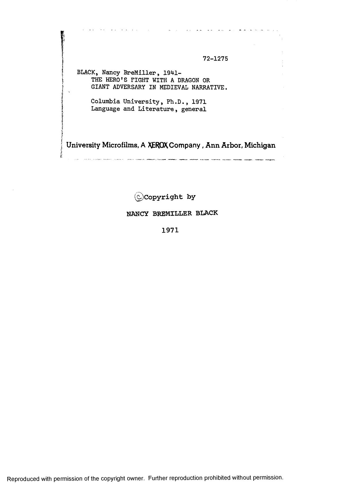 The heroâs fight with a dragon or giant adversary in medieval narrative [thesis] by Nancy BreMiller Black