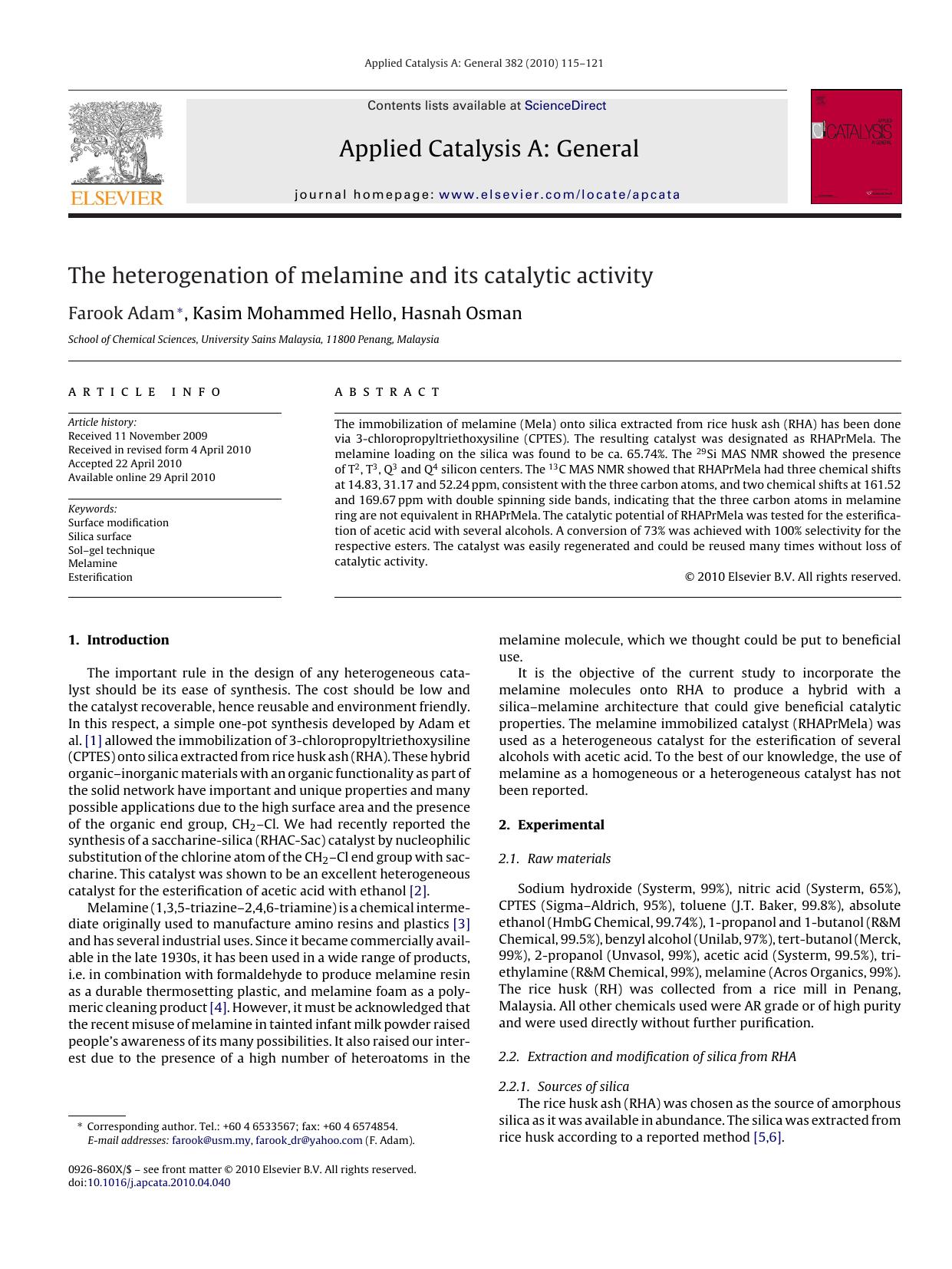 The heterogenation of melamine and its catalytic activity by Farook Adam; Kasim Mohammed Hello; Hasnah Osman