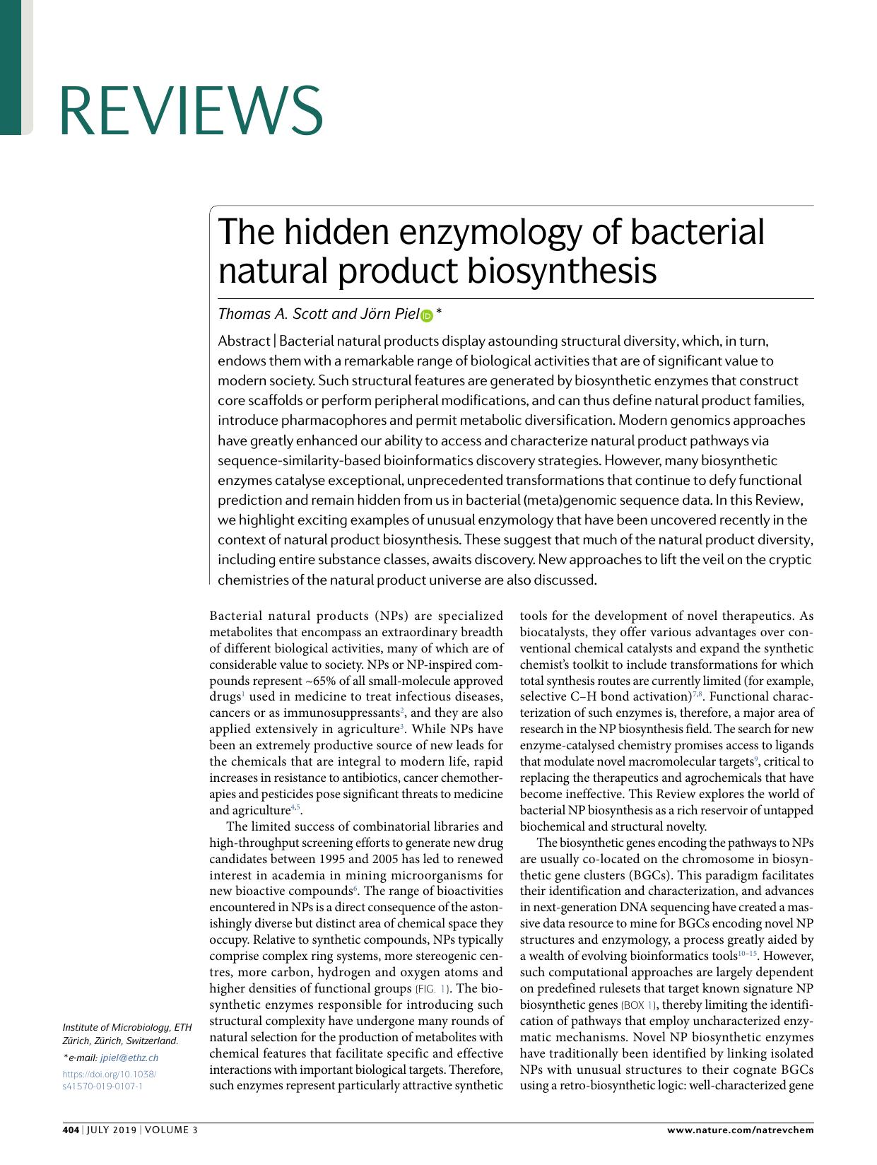 The hidden enzymology of bacterial natural product biosynthesis by Thomas A. Scott & Jörn Piel