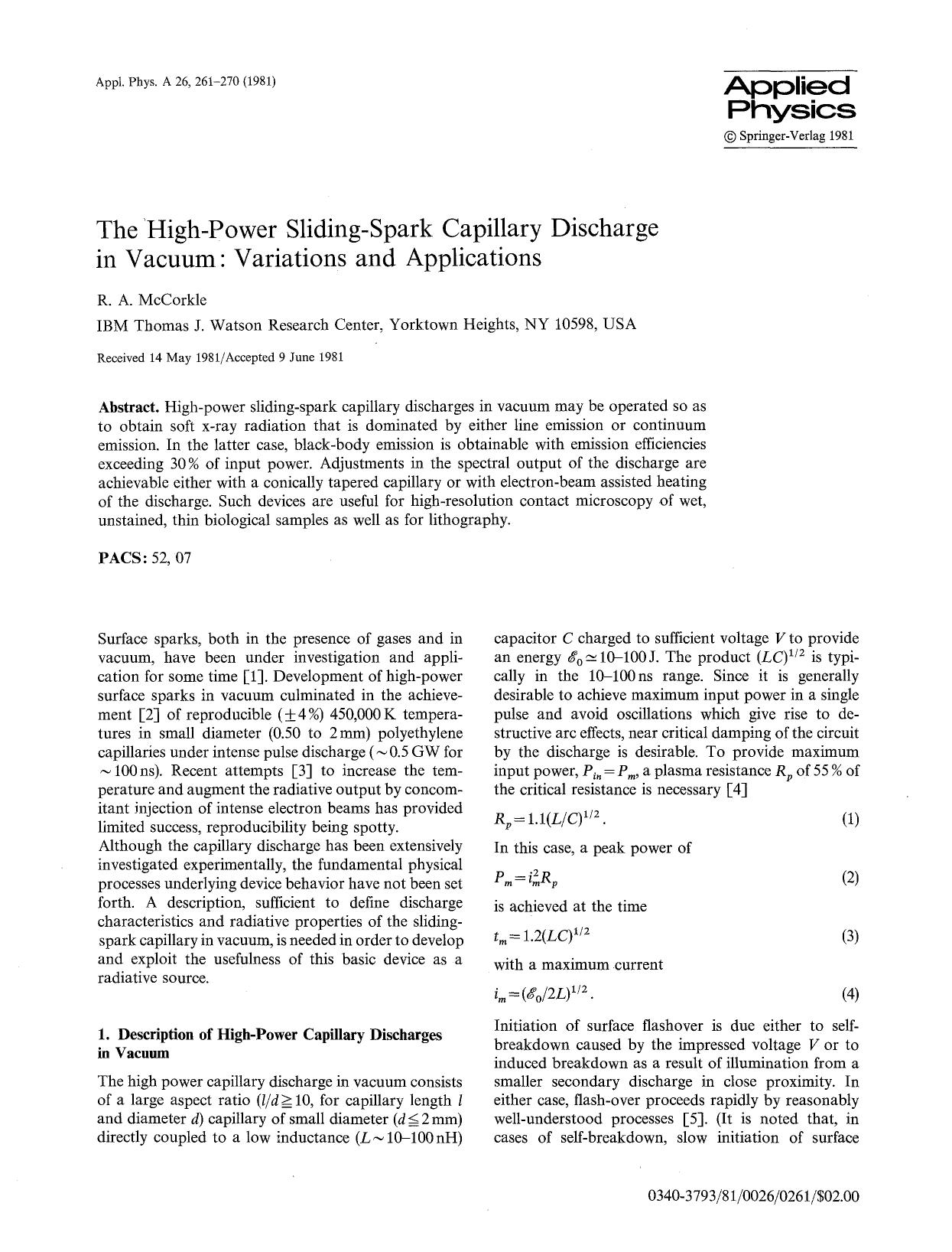 The high-power sliding-spark capillary discharge in vacuum: Variations and applications by Unknown
