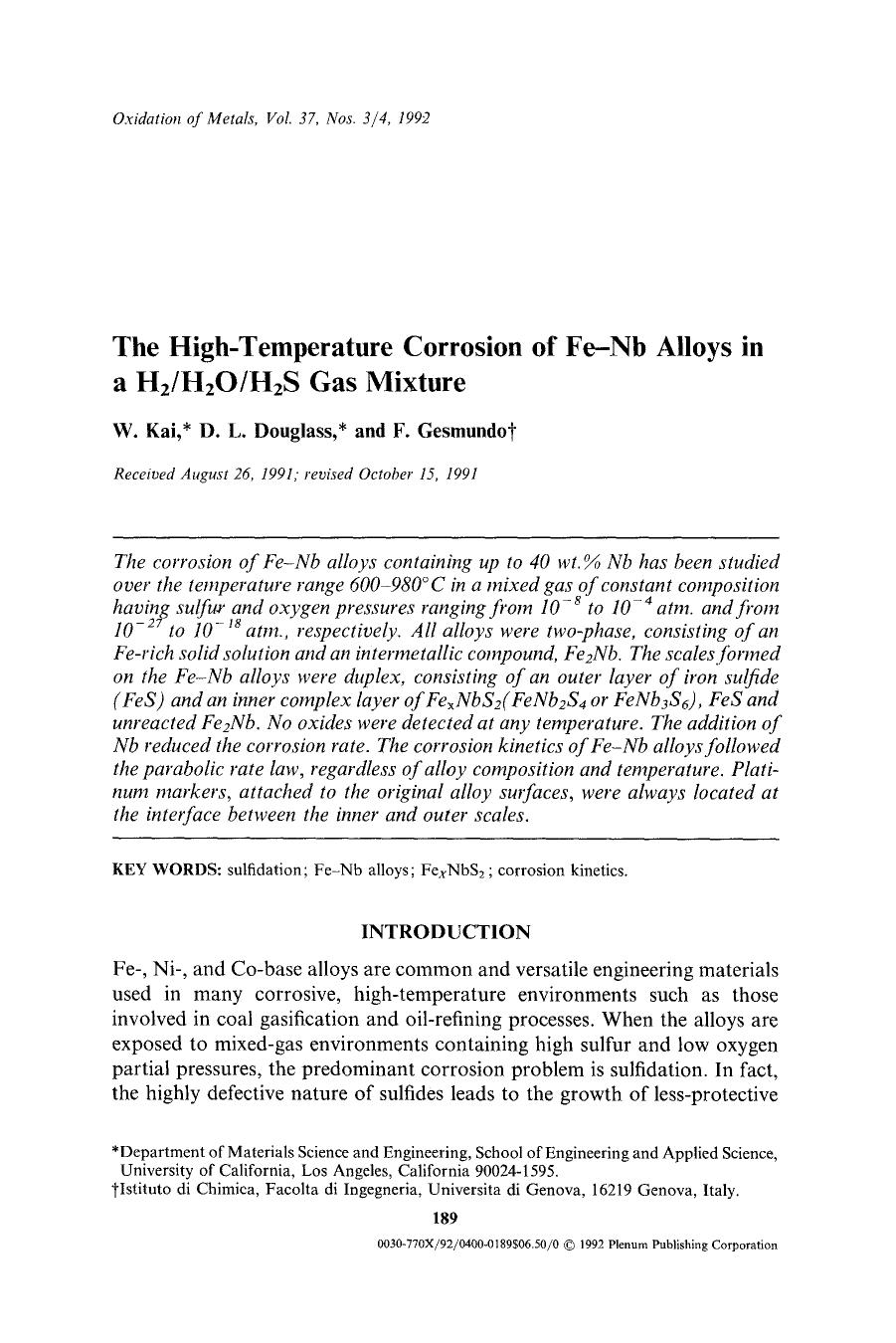 The high-temperature corrosion of Fe-Nb alloys in a H <Subscript>2 <Subscript>H <Subscript>2 <Subscript>OH <Subscript>2 <Subscript>S gas mixture by Unknown