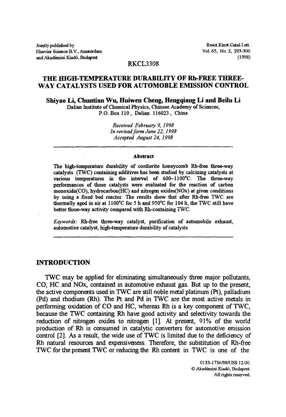 The high-temperature durability of Rh-free threeway catalysts used for automoble emission control by Unknown