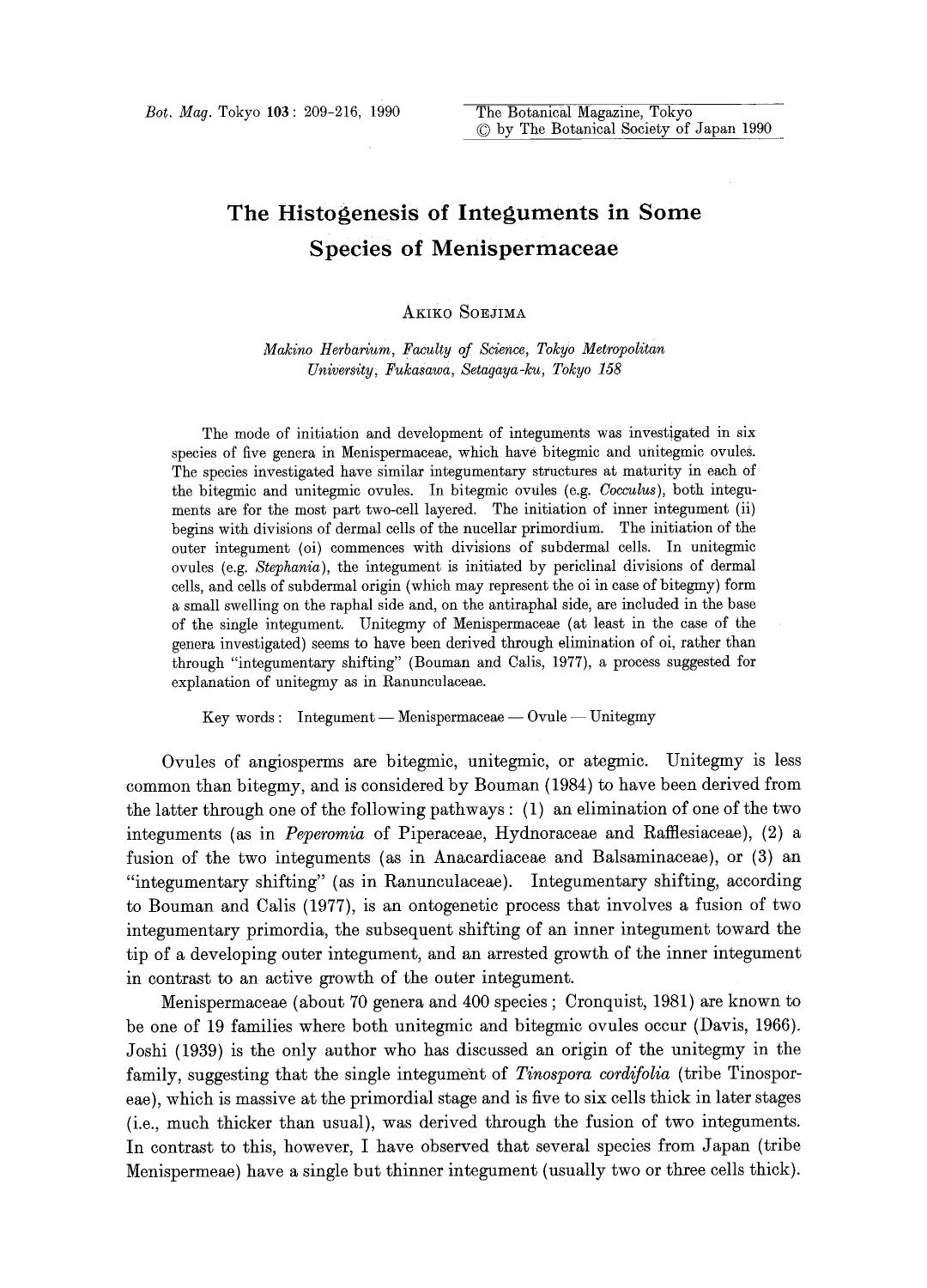 The histogenesis of integuments in some species of menispermanceae by Unknown
