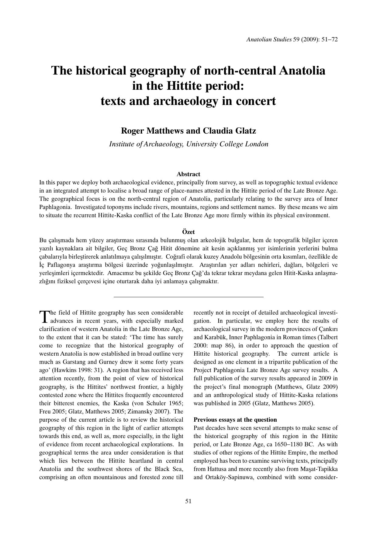 The historical geography of north-central Anatolia in the Hittite period: texts and archaeology in concert by Matthews R. Glatz C