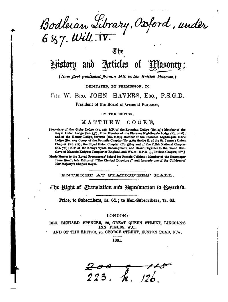 The history and articles of masonry [a 15th century version of the masonic constitutions] ed. M. Cooke by Freemasons
