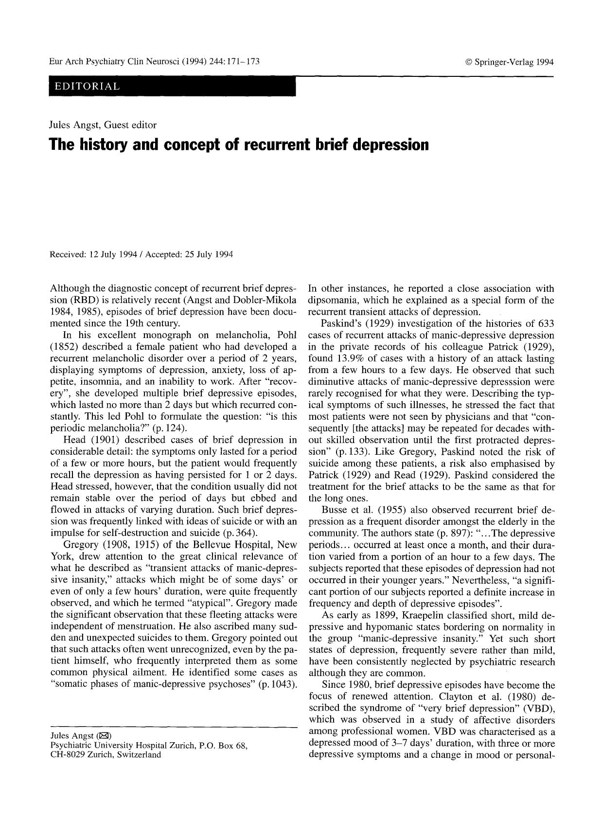 The history and concept of recurrent brief depression by Unknown