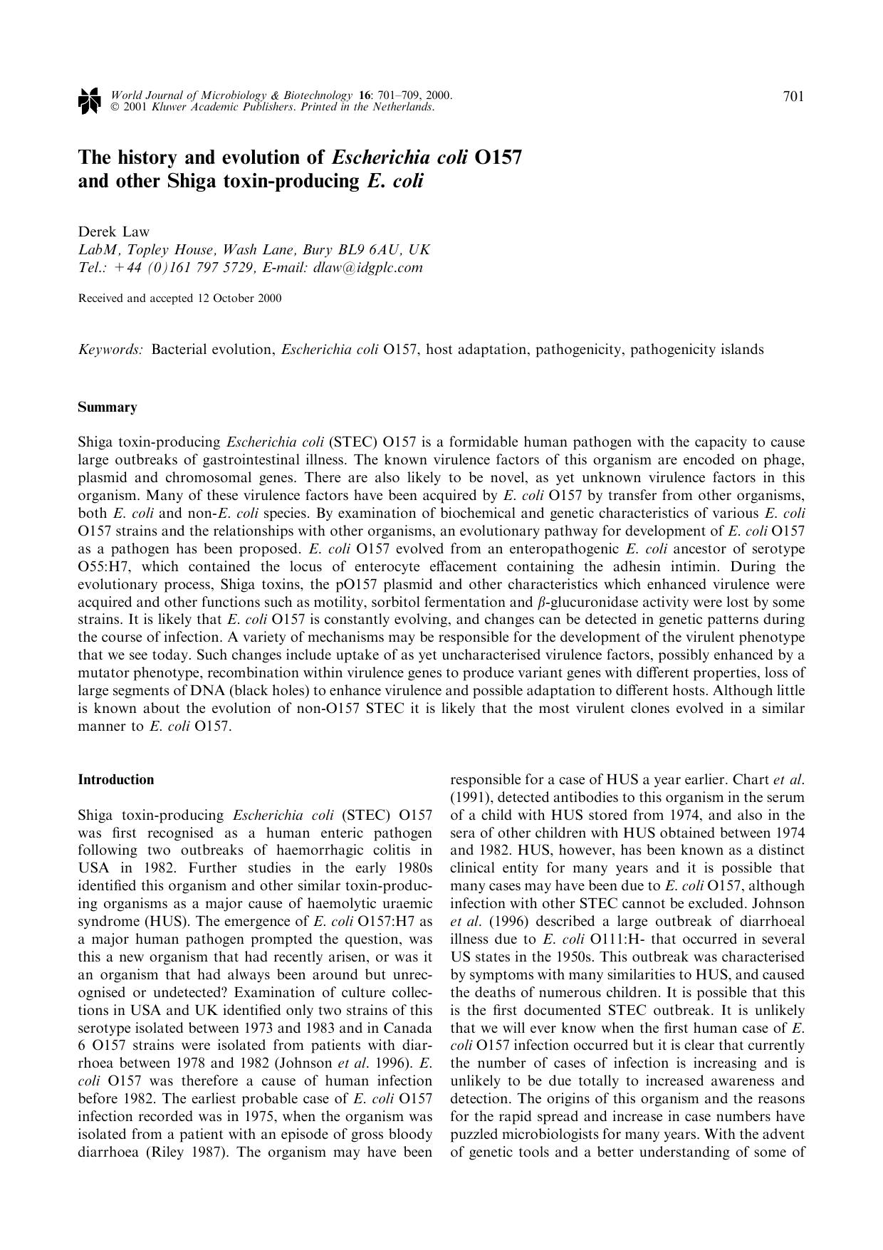 The history and evolution of Escherichia coli O157 and other Shiga toxin-producing E. coli by Unknown