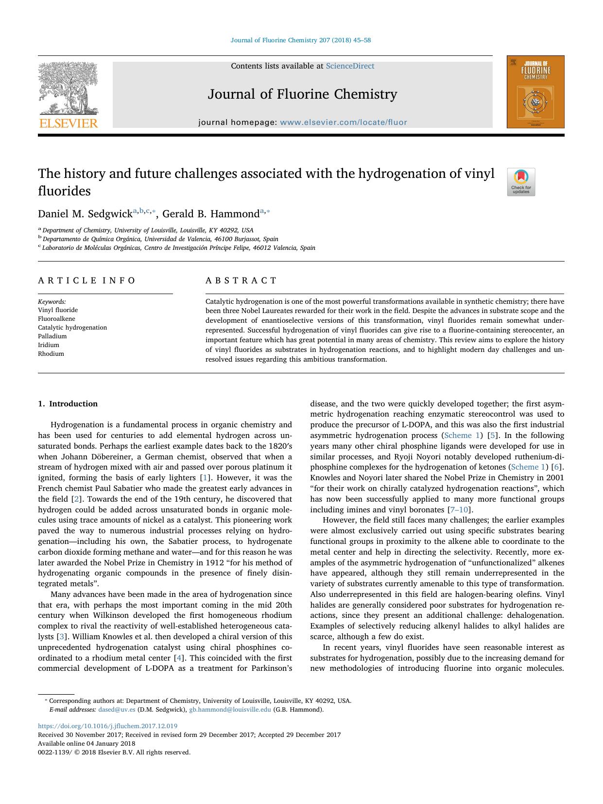 The history and future challenges associated with the hydrogenation of vinyl fluorides by Daniel M. Sedgwick & Gerald B. Hammond