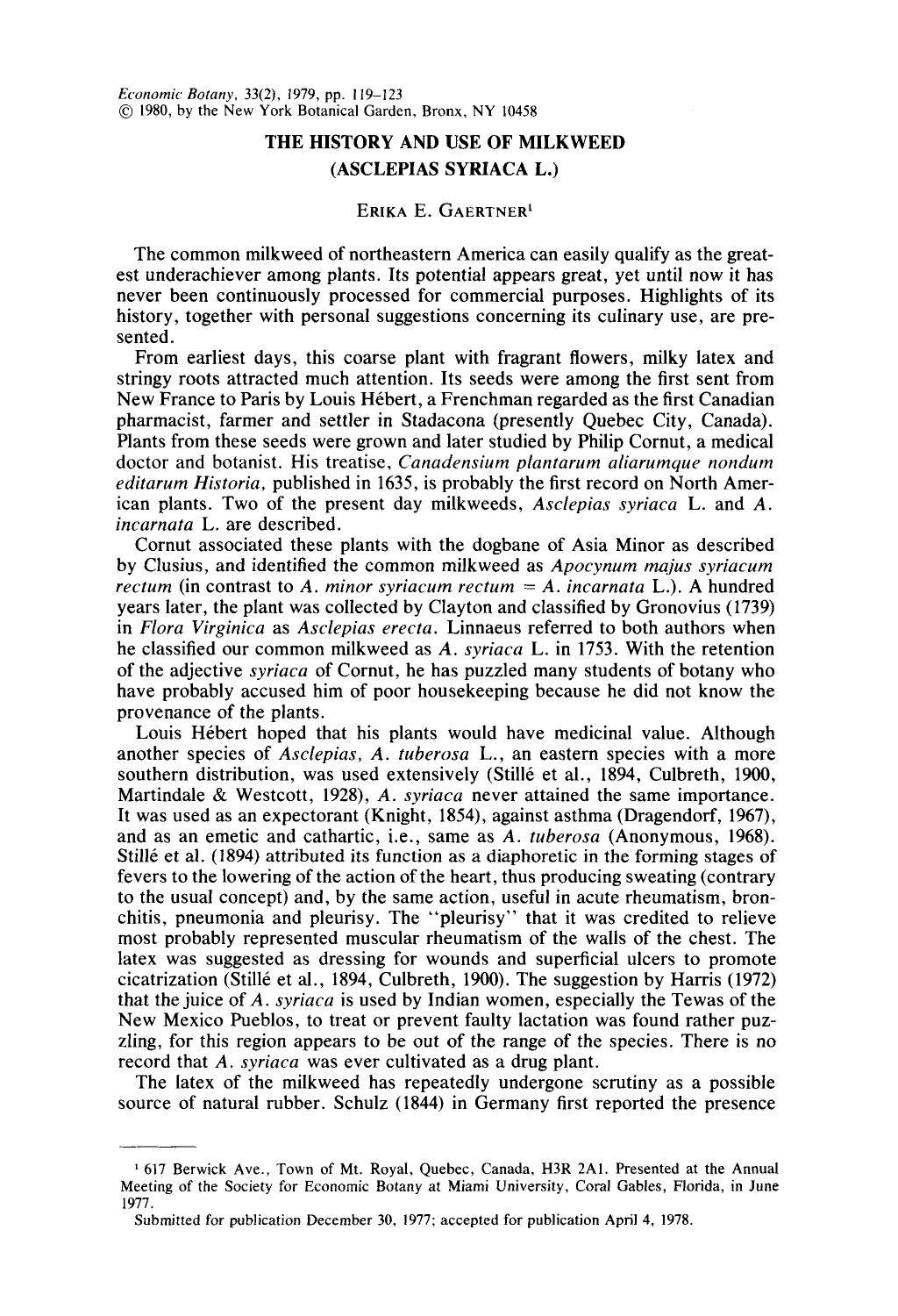 The history and use of milkweed (Asclepias Syriaca L.) by Unknown