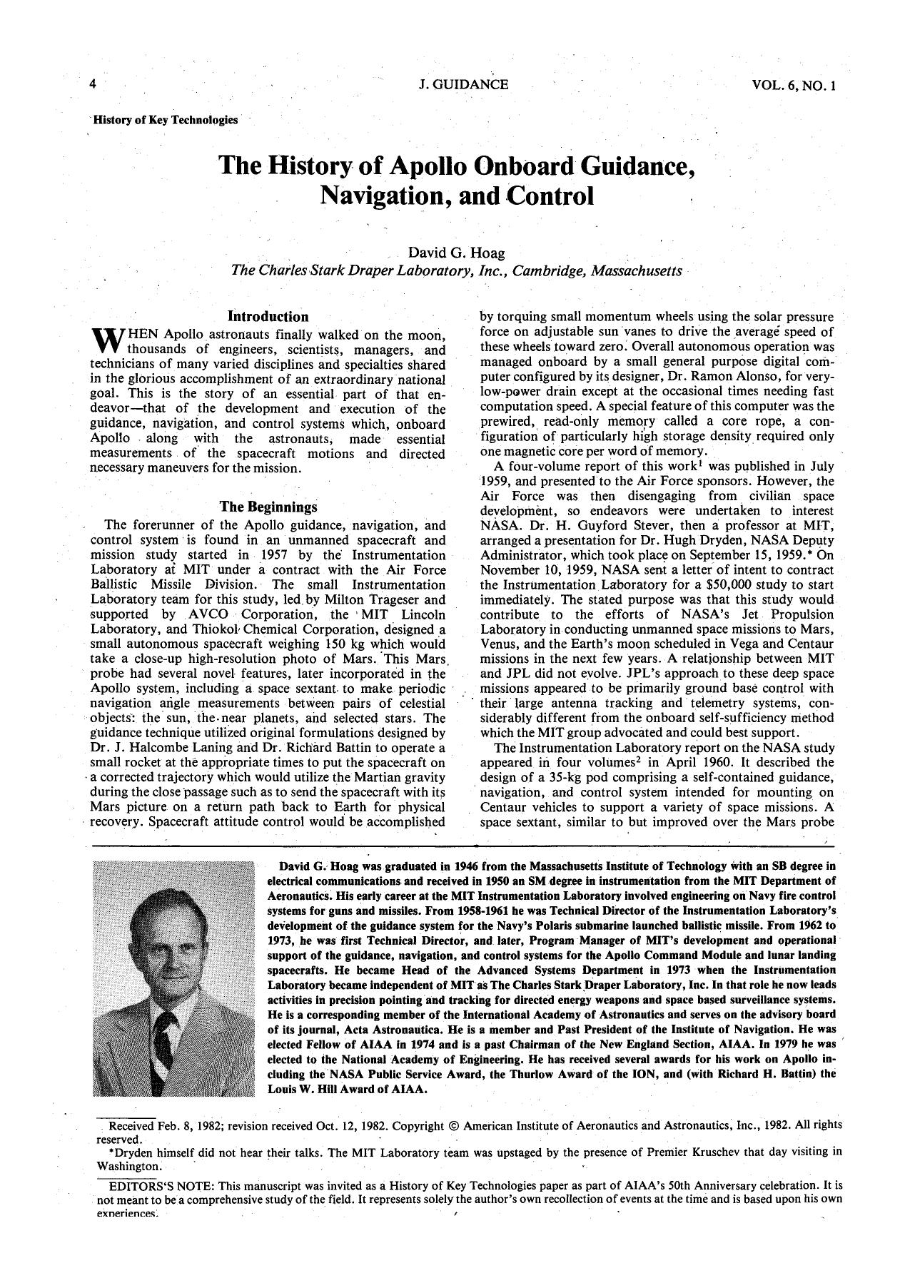 The history of Apollo onboard guidance, navigation, and control by Unknown