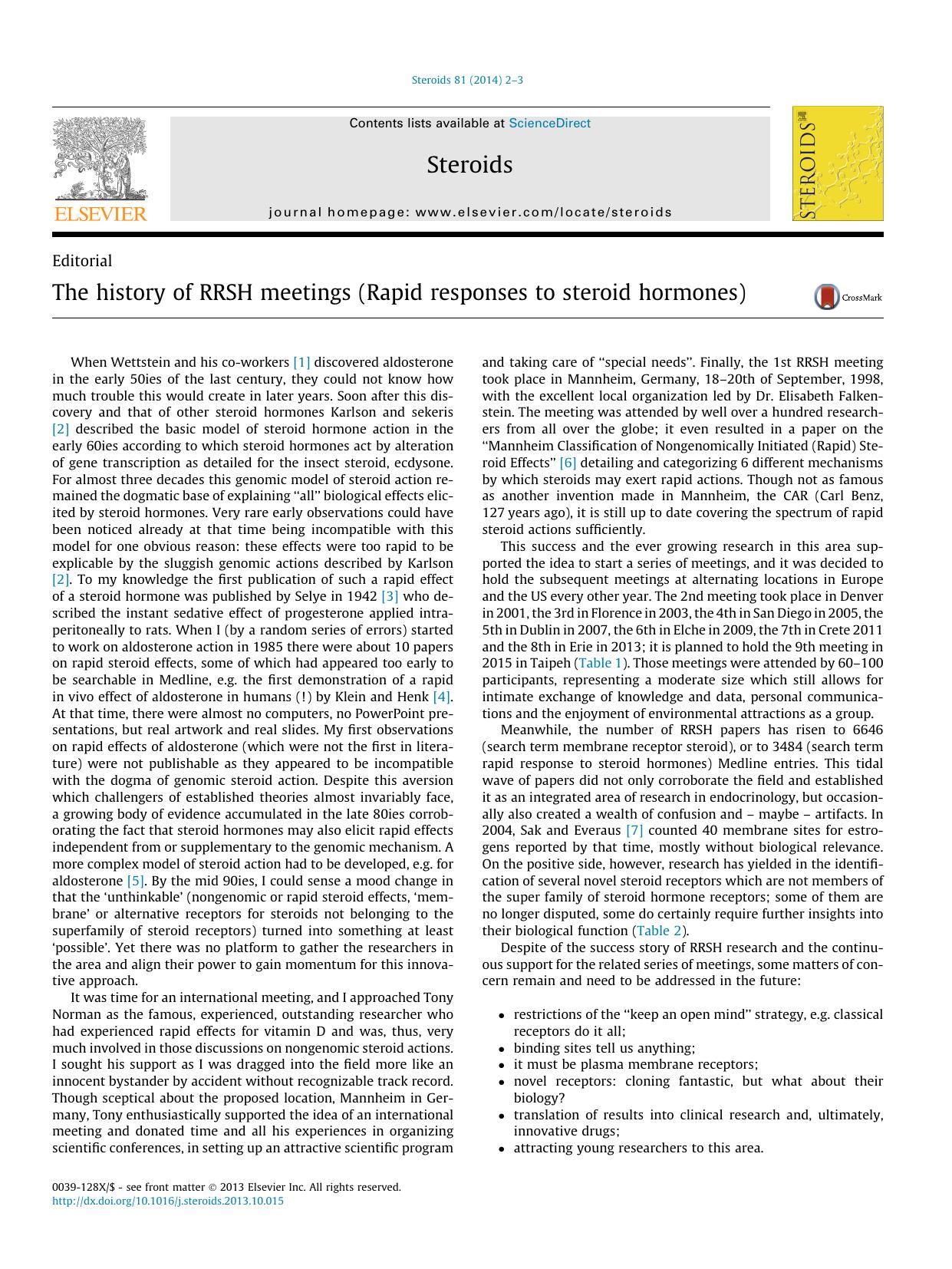 The history of RRSH meetings (Rapid responses to steroid hormones) by Martin Wehling