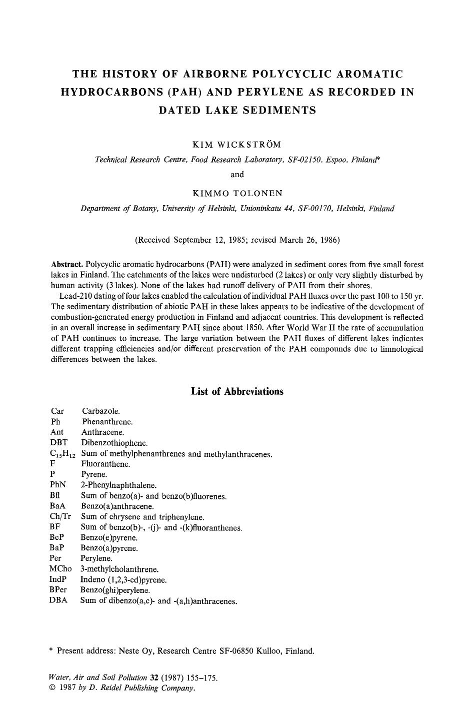 The history of airborne polycyclic aromatic hydrocarbons (PAH) and perylene as recorded in dated lake sediments by Unknown
