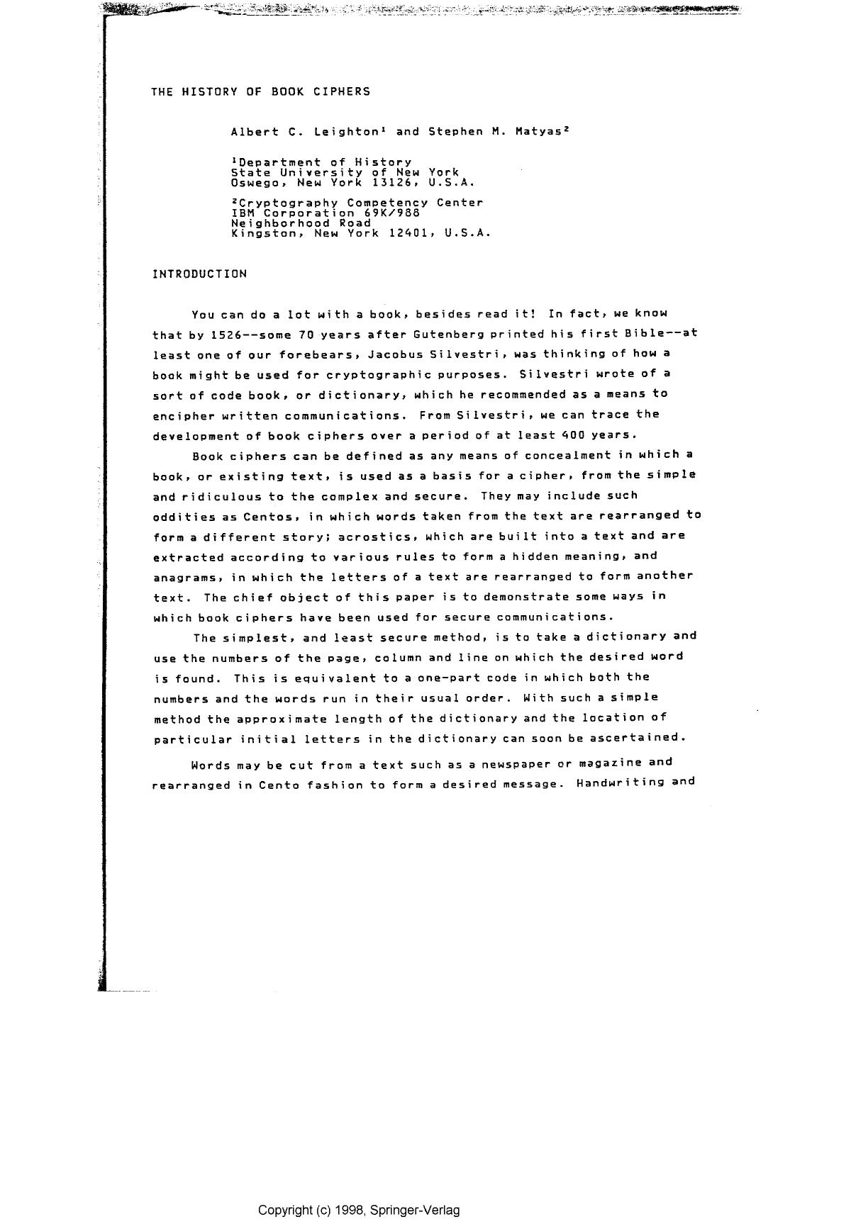 The history of book ciphers by Leighton A. C. & Matyas S. M