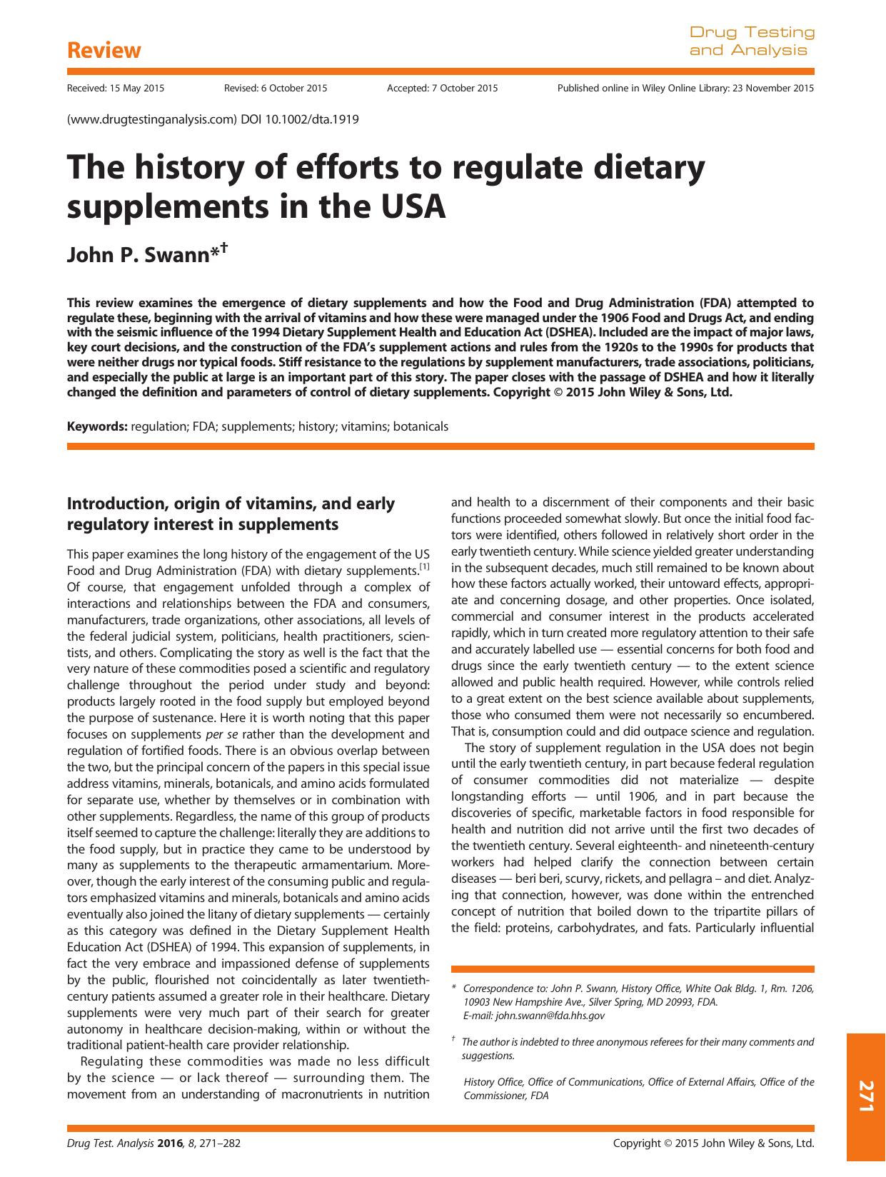 The history of efforts to regulate dietary supplements in the USA by John P. Swann