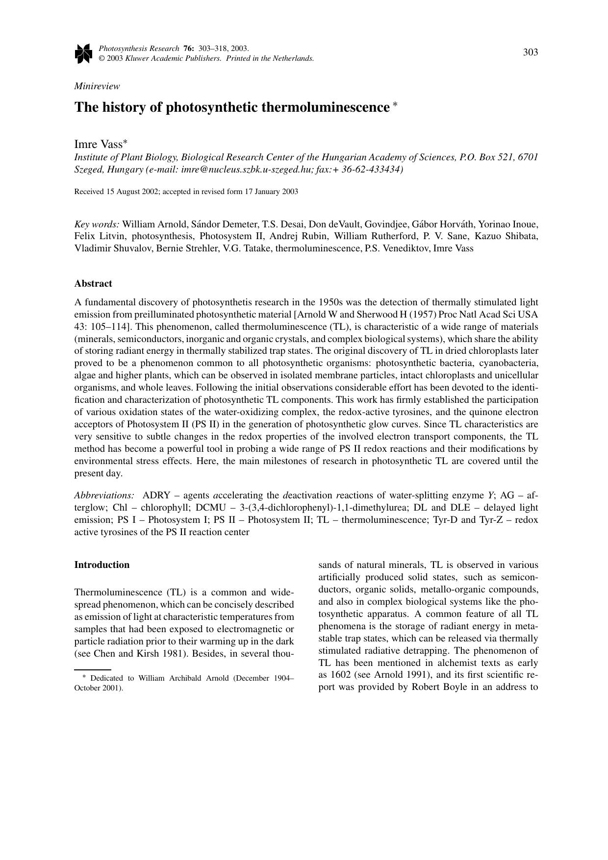 The history of photosynthetic thermoluminescence by Unknown