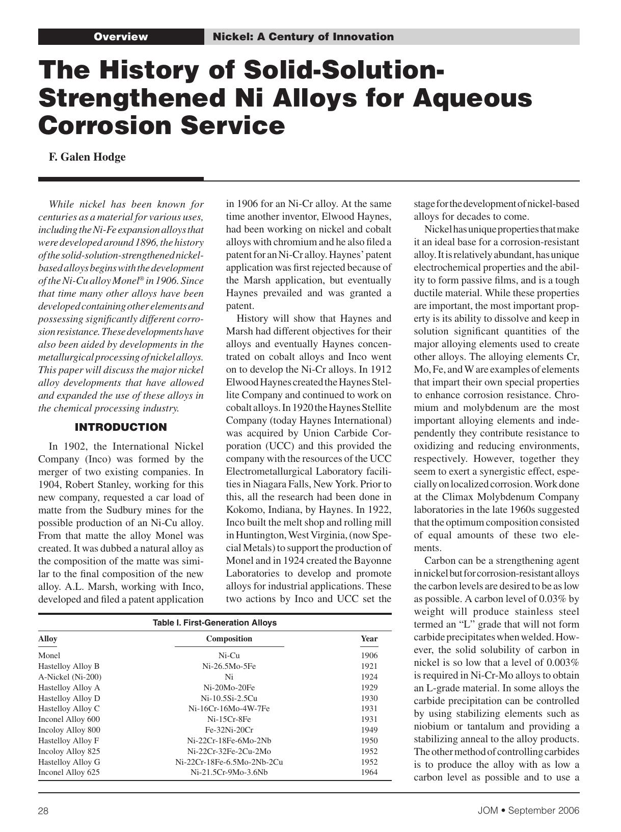 The history of solid-solution-strengthened Ni alloys for aqueous corrosion service by Unknown