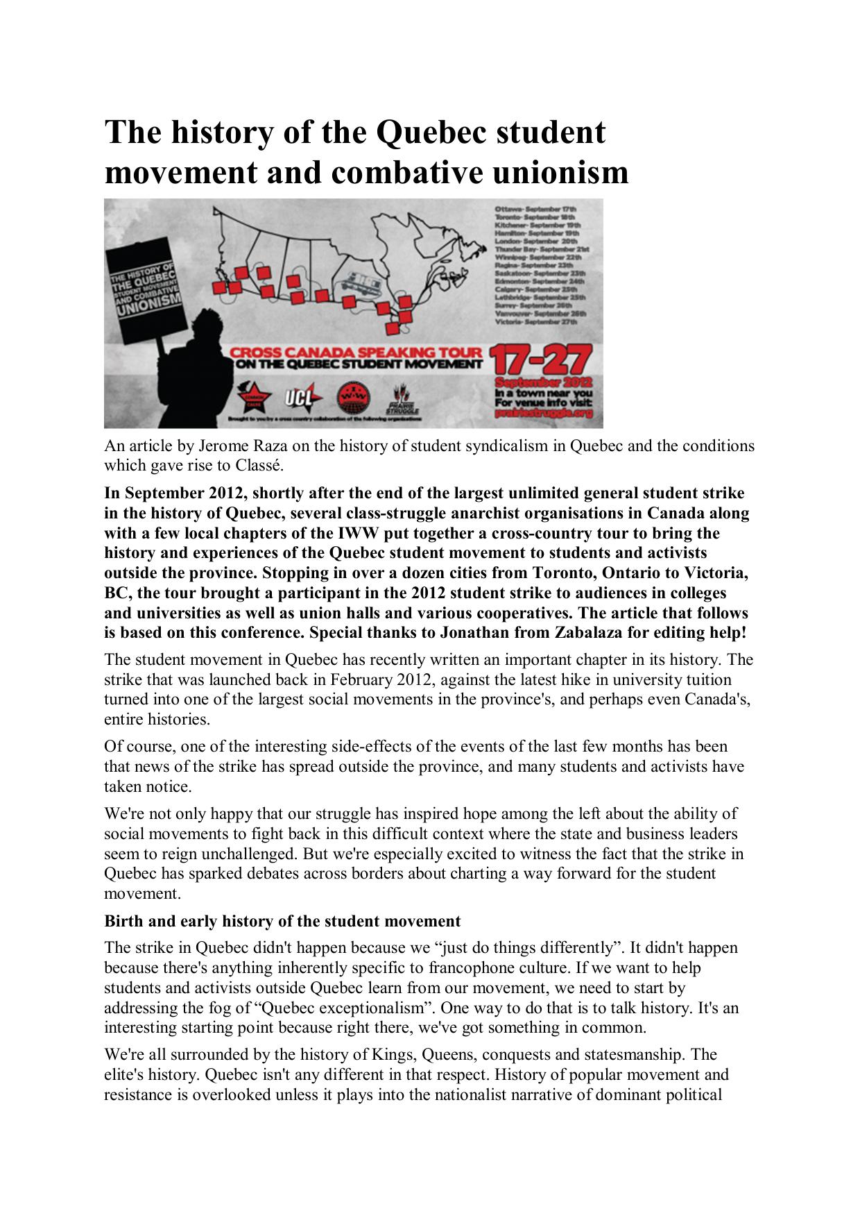 The history of the Quebec student movement and combative unionism by Unknown