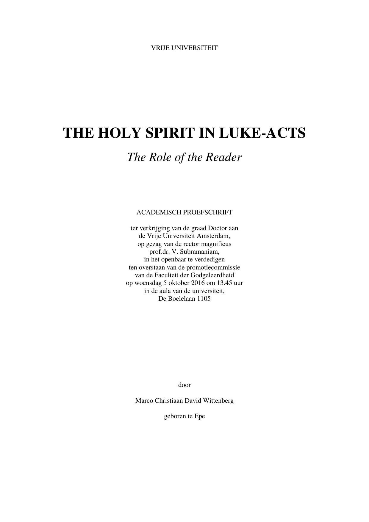 The holy spirit in luke-acts. The role of the reader by Marco Christiaan David Wittenberg