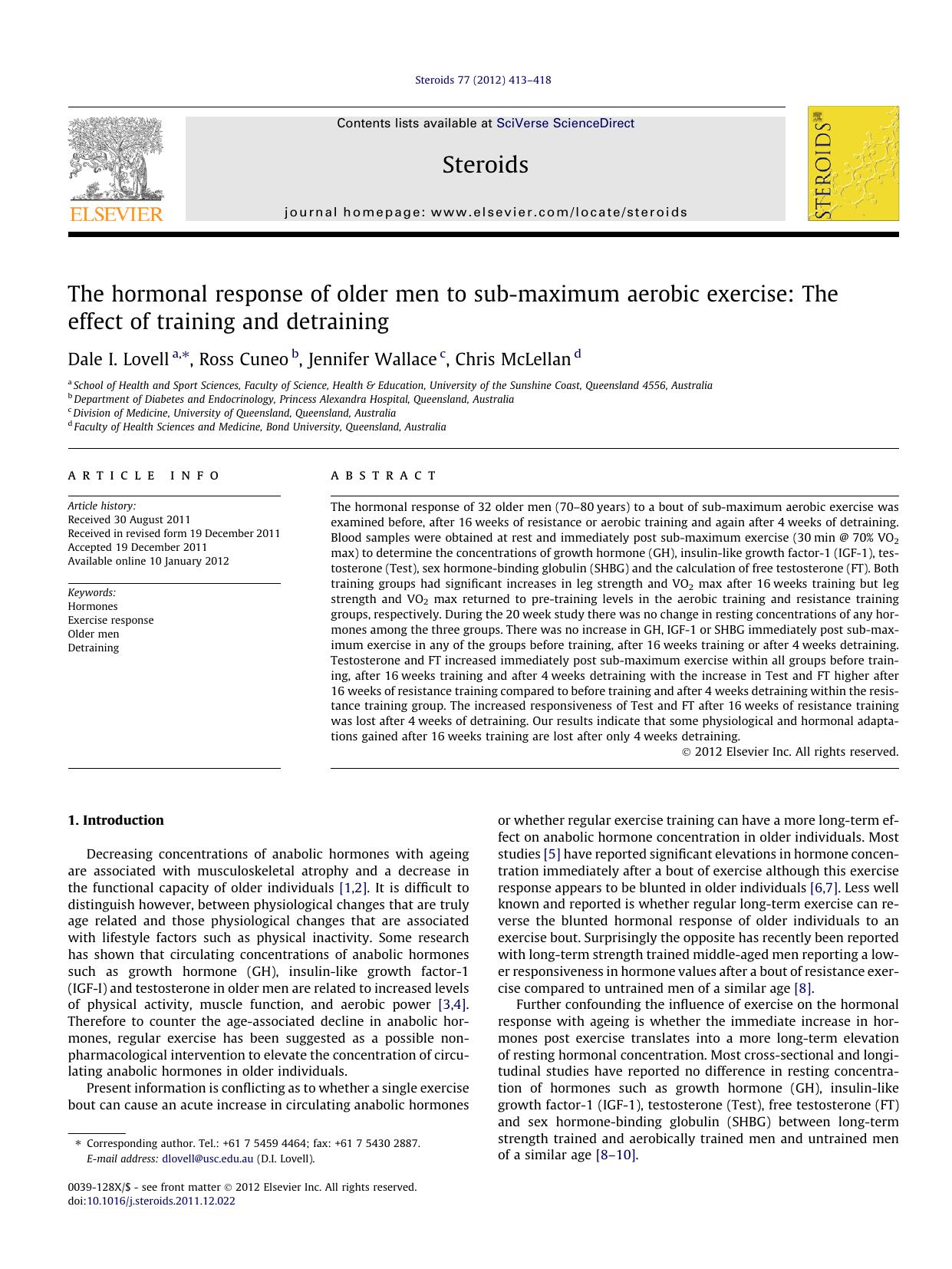 The hormonal response of older men to sub-maximum aerobic exercise: The effect of training and detraining by Dale I. Lovell & Ross Cuneo & Jennifer Wallace & Chris McLellan