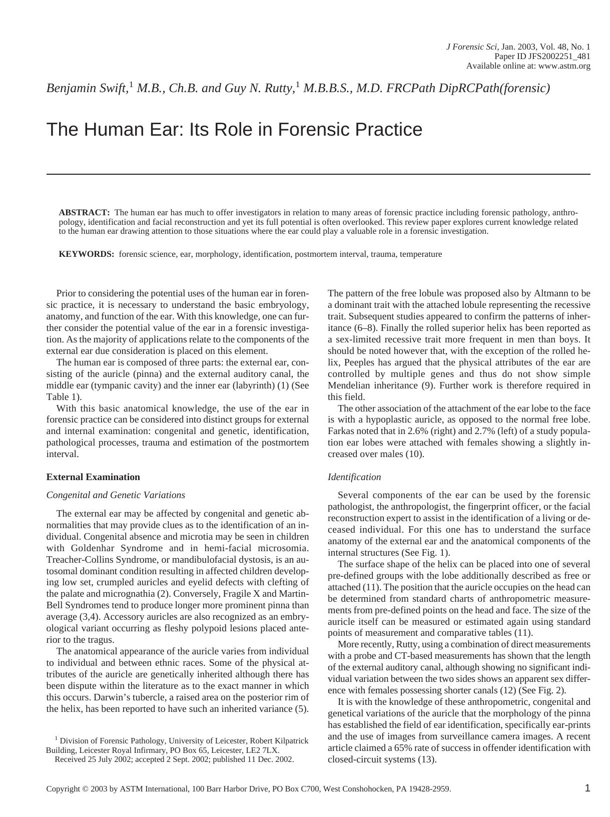 The human ear: its role in forensic practice by Swift B Rutty GN