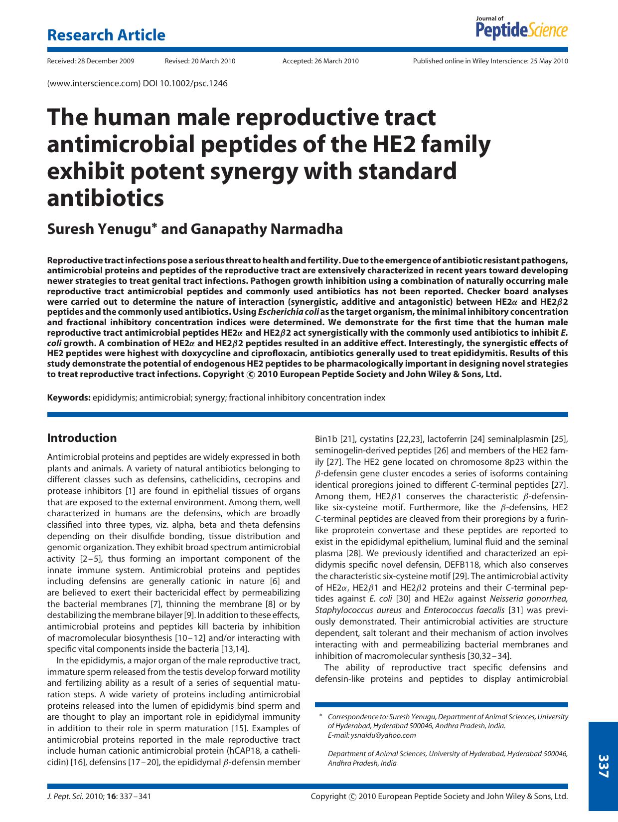 The human male reproductive tract antimicrobial peptides of the HE2 family exhibit potent synergy with standard antibiotics by Unknown