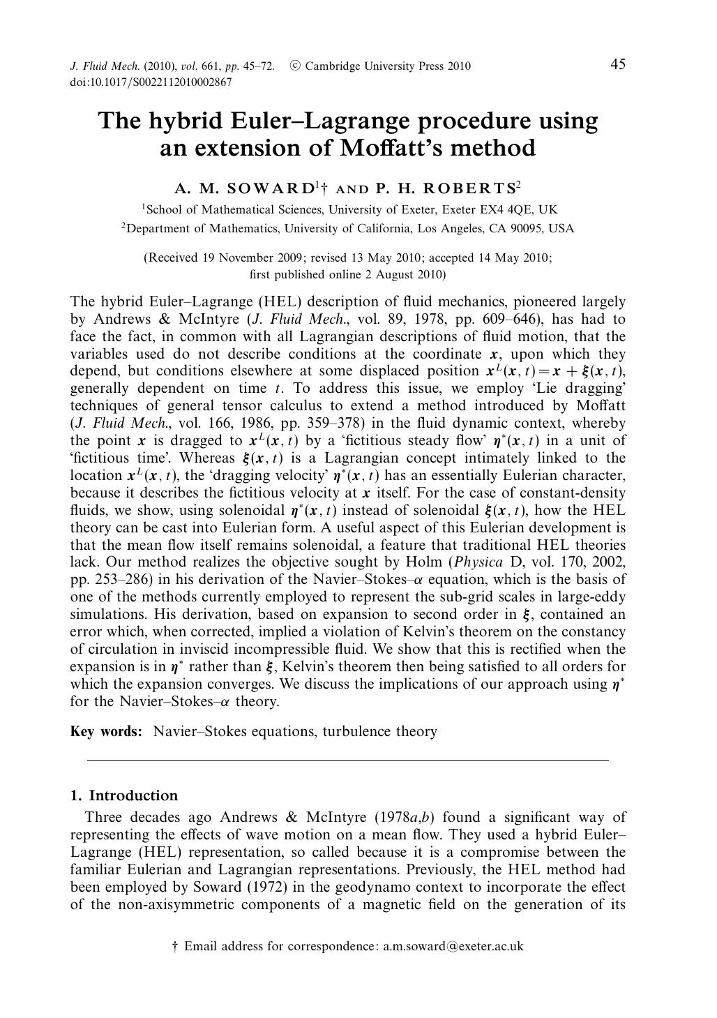 The hybrid EulerâLagrange procedure using an extension of Moffatt's method by A. M. SOWARD P. H. ROBERTS