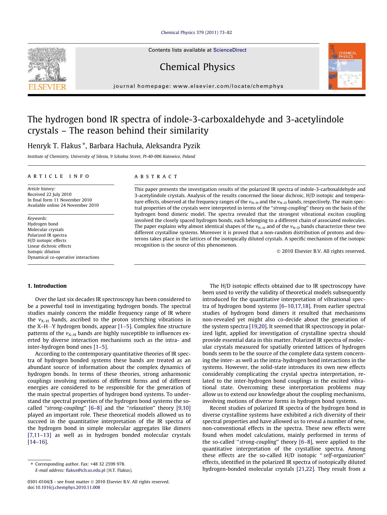 The hydrogen bond IR spectra of indole-3-carboxaldehyde and 3-acetylindole crystals Ã¢â¬â The reason behind their similarity by Henryk T. Flakus & Barbara Hachuła & Aleksandra Pyzik