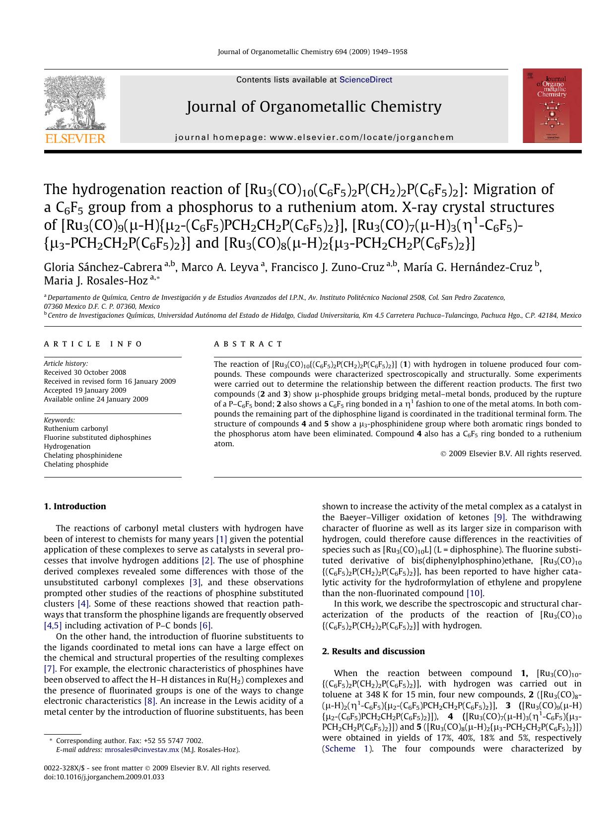 The hydrogenation reaction of [Ru3(CO)10(C6F5)2P(CH2)2P(C6F5)2]: Migration of a C6F5 group from a phosphorus to a ruthenium atom. X-ray crystal structures of [Ru3(CO)9(μ-H){μ2-(C by unknow