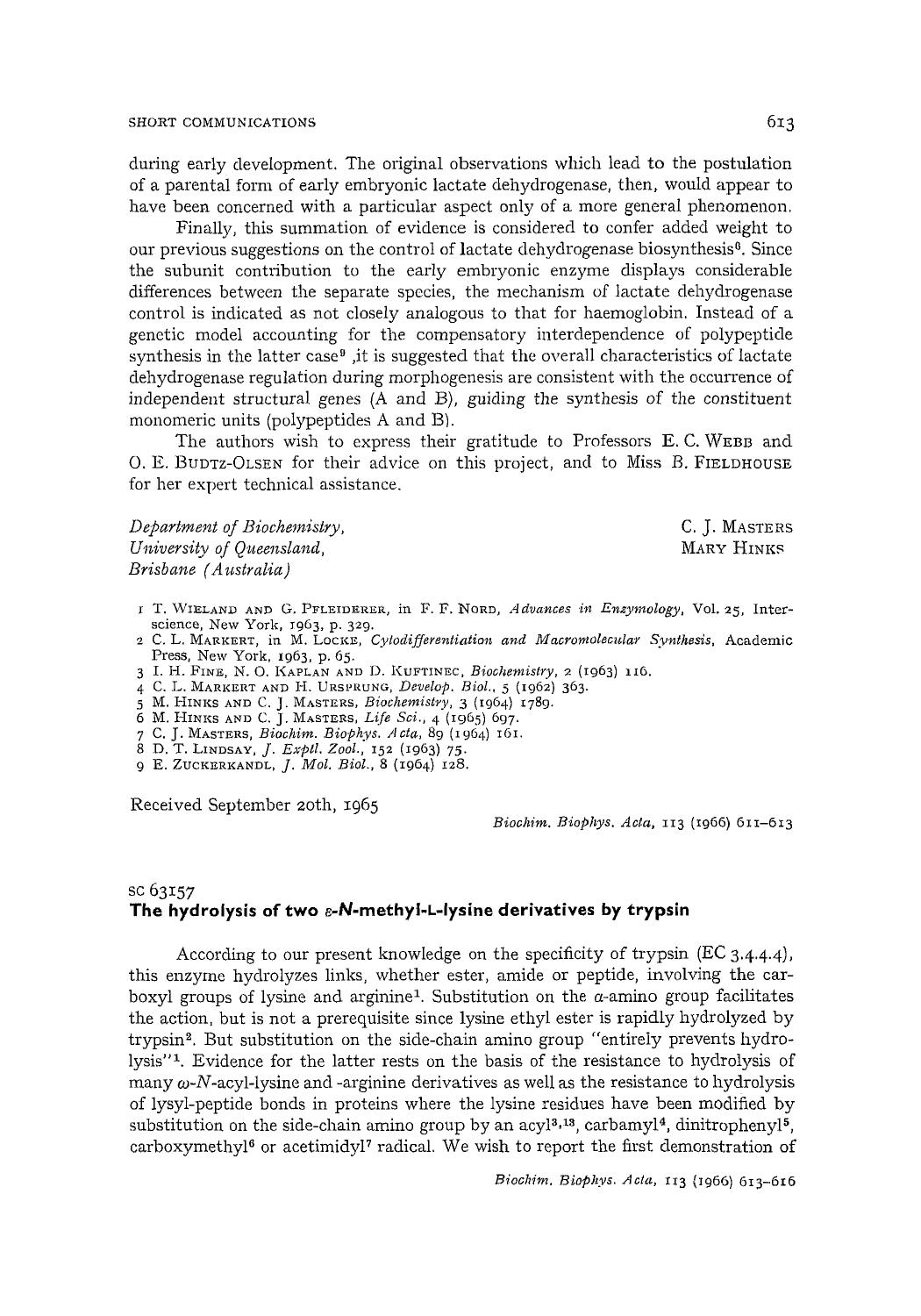 The hydrolysis of two Îµ-N-methyl-L-lysine derivatives by trypsin by Leo Benoiton; Jocelyn Deneault