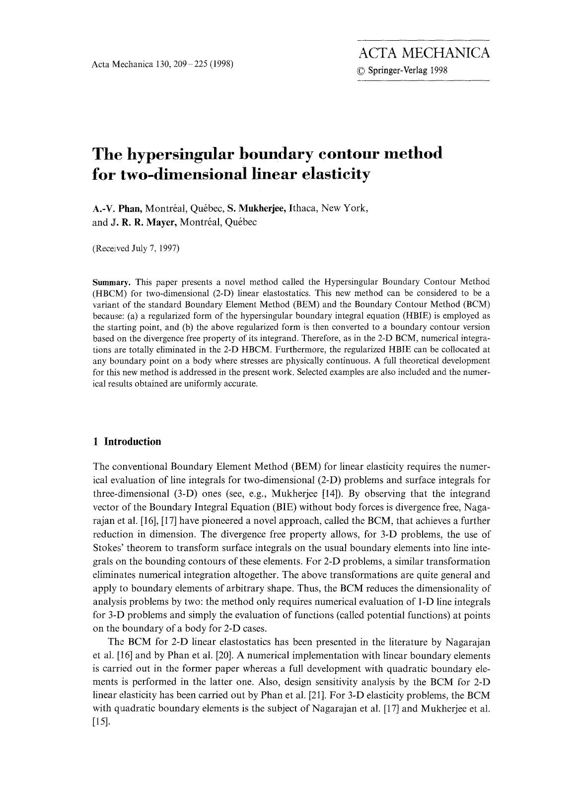 The hypersingular boundary contour method for two-dimensional linear elasticity by Unknown