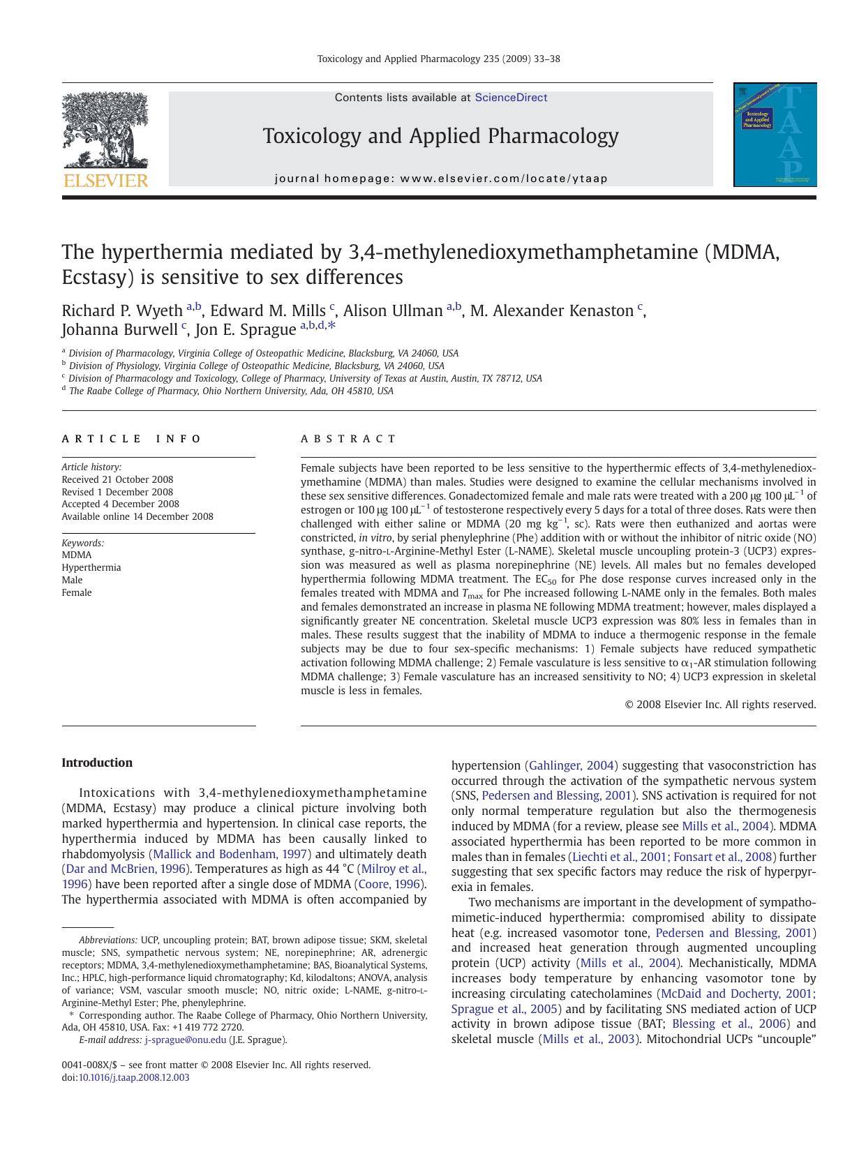 The hyperthermia mediated by 3,4-methylenedioxymethamphetamine (MDMA, Ecstasy) is sensitive to sex differences by unknow