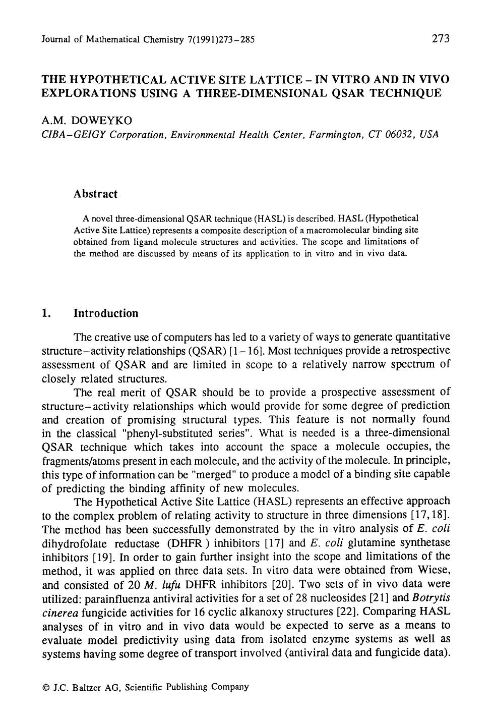 The hypothetical active site lattice — in vitro and in vivo explorations using a three-dimensional QSAR technique by Unknown