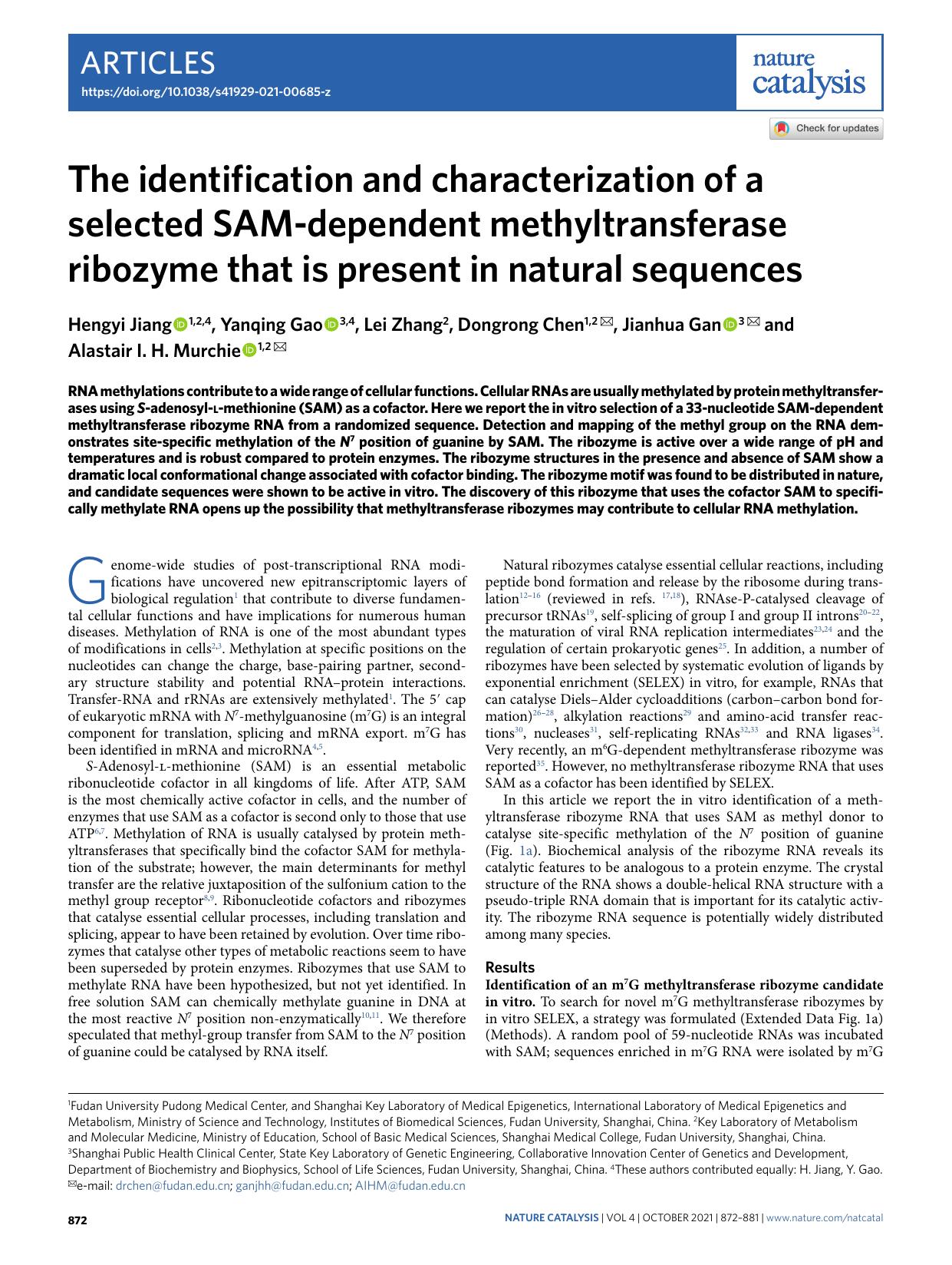 The identification and characterization of a selected SAM-dependent methyltransferase ribozyme that is present in natural sequences by Hengyi Jiang & Yanqing Gao & Lei Zhang & Dongrong Chen & Jianhua Gan & Alastair I. H. Murchie