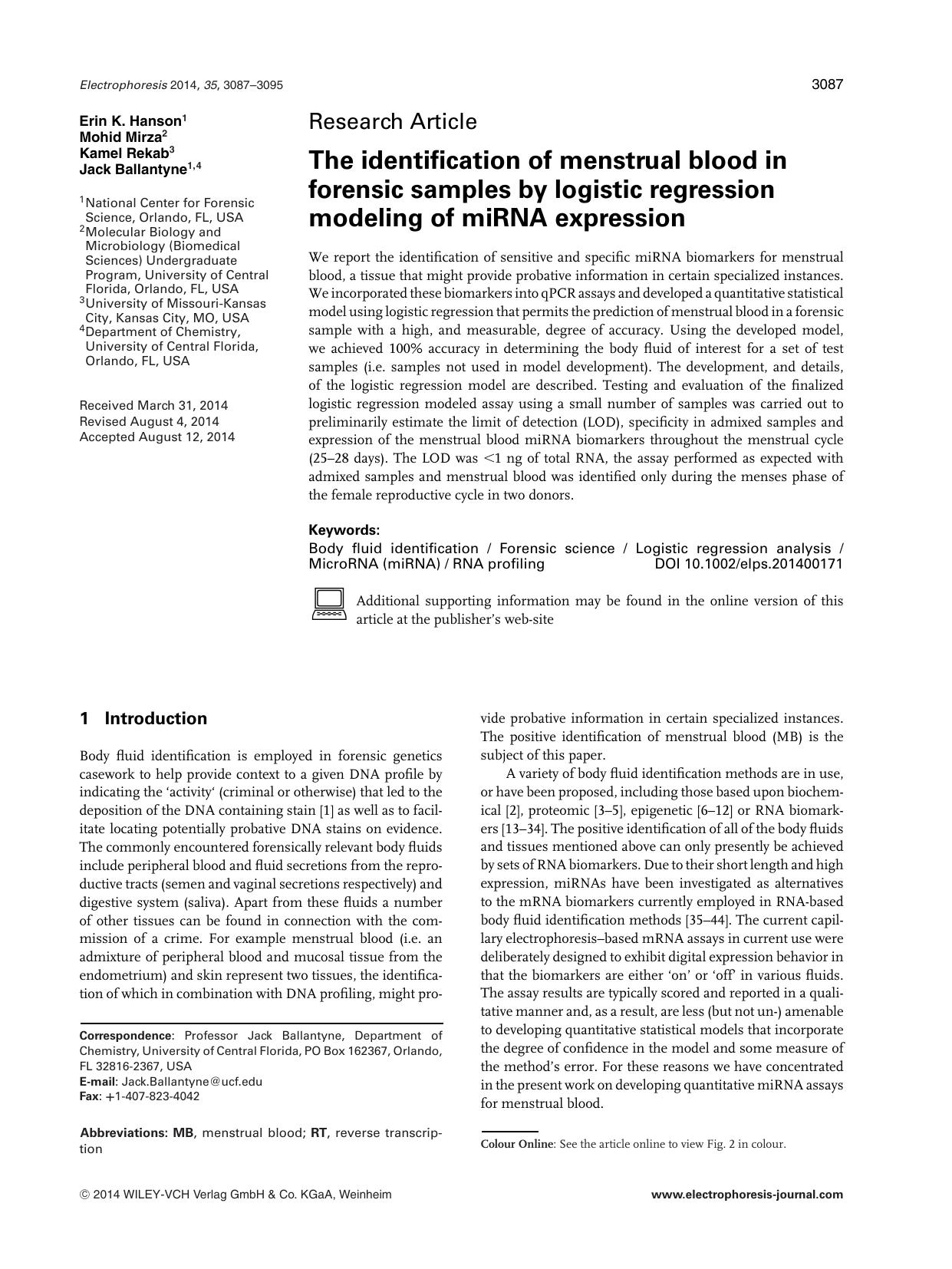 The identification of menstrual blood in forensic samples by logistic regression modeling of miRNA expression by Unknown