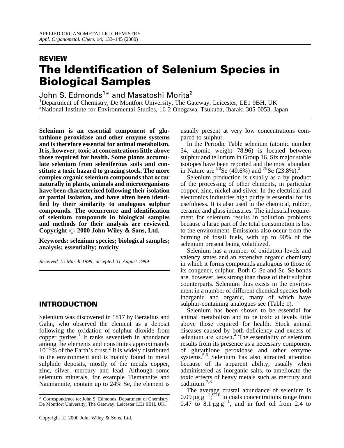 The identification of selenium species in biological samples by Unknown