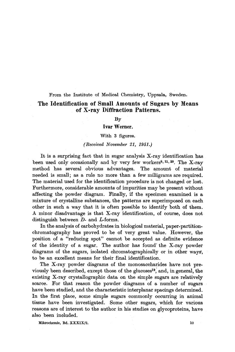 The identification of small amounts of sugars by means of X-ray diffraction patterns by Unknown