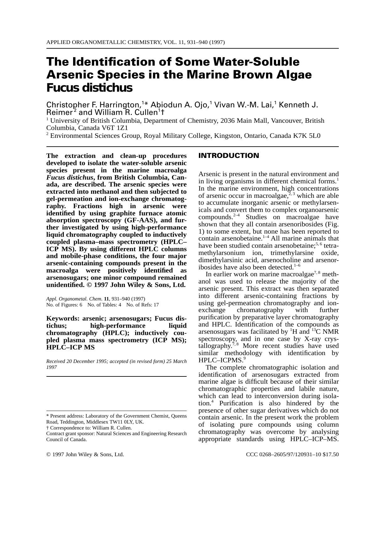 The identification of some water-soluble arsenic species in the marine brown algae Fucus distichus by Harrington Ojo Lai Reimer Cullen