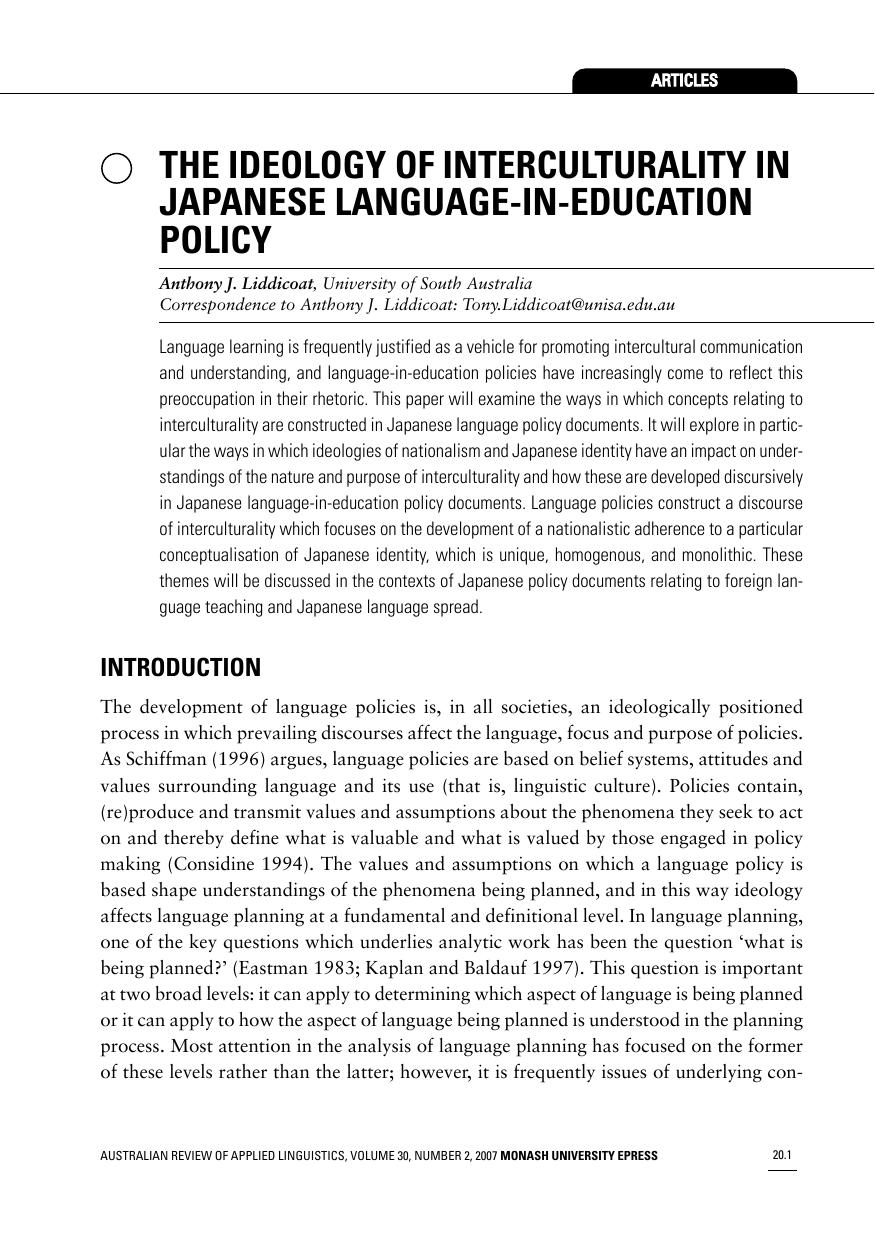 The ideology of interculturality in Japanese language-in-education policy by Liddicoat Anthony J