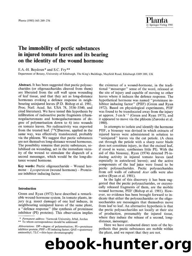 The immobility of pectic substances in injured tomato leaves and its bearing on the identity of the wound hormone by Unknown