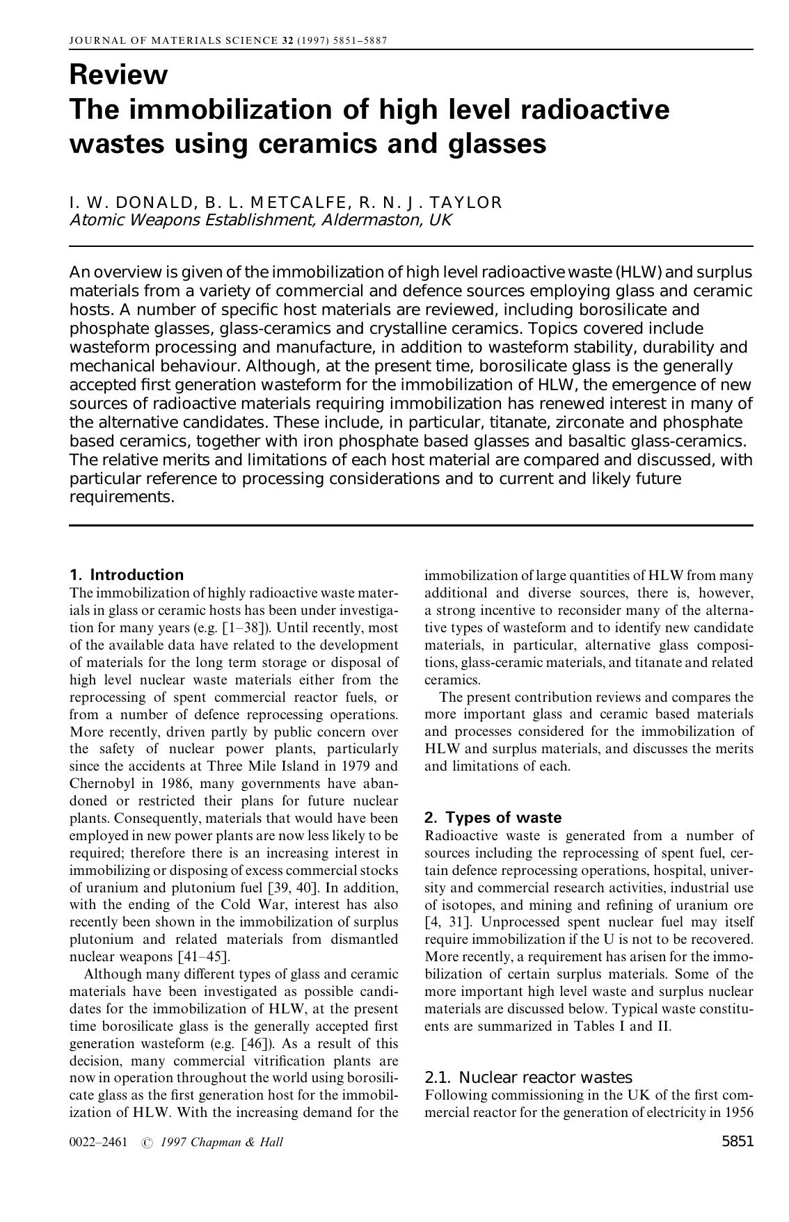 The immobilization of high level radioactive wastes using ceramics and glasses by Unknown