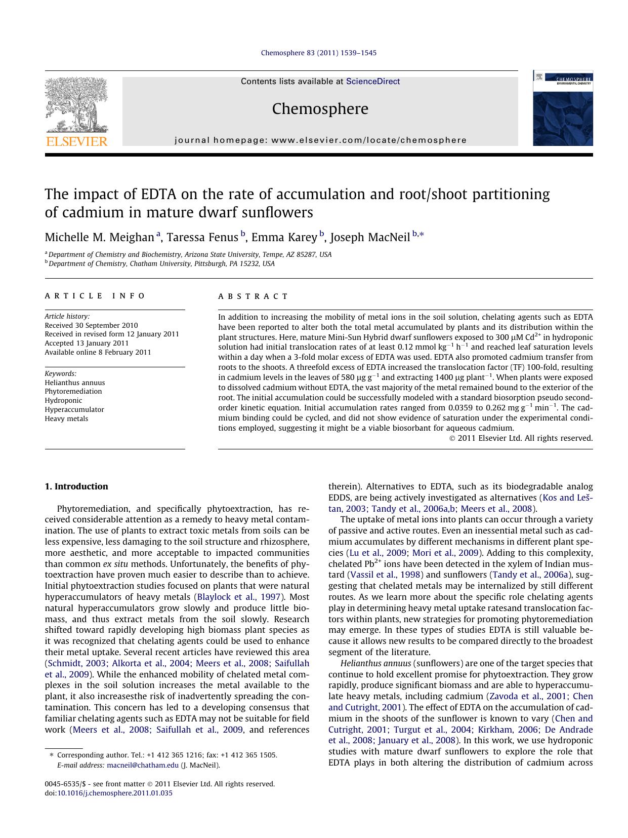 The impact of EDTA on the rate of accumulation and rootshoot partitioning of cadmium in mature dwarf sunflowers by Michelle M. Meighan & Taressa Fenus & Emma Karey & Joseph MacNeil